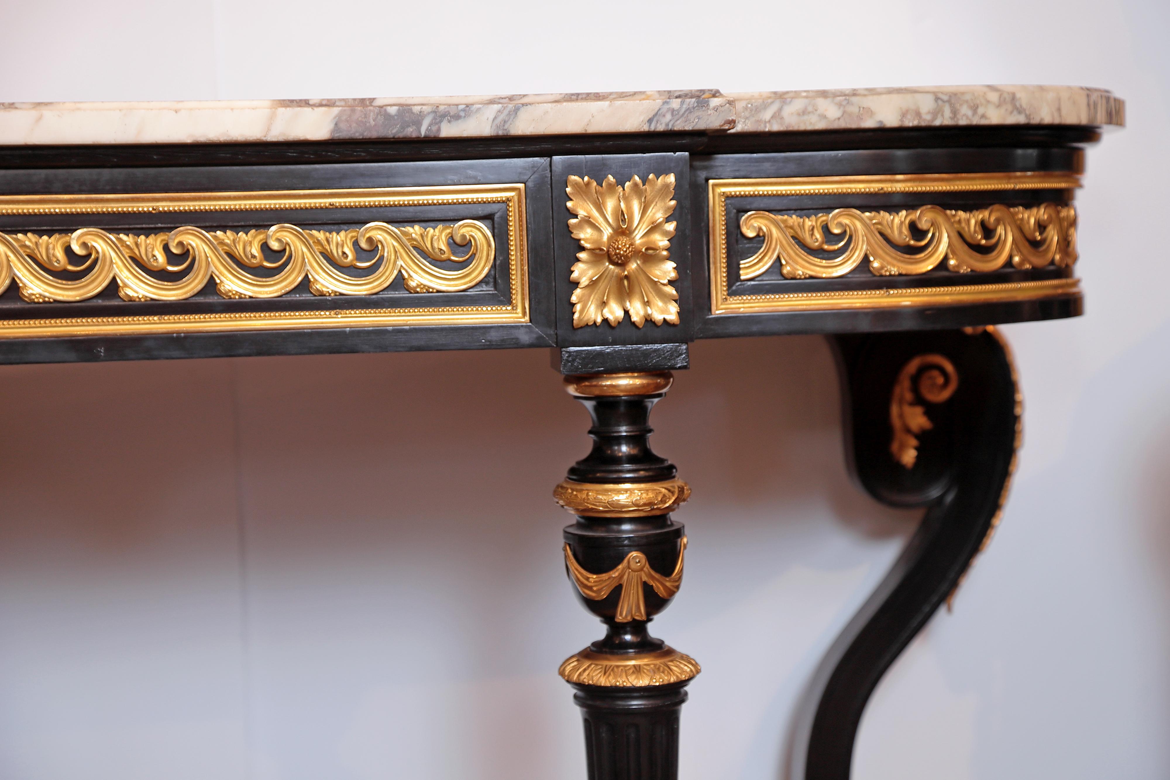 19th Century French Louis XVI Ebonized and Fine Gilt Bronze Marble-Top Console 3