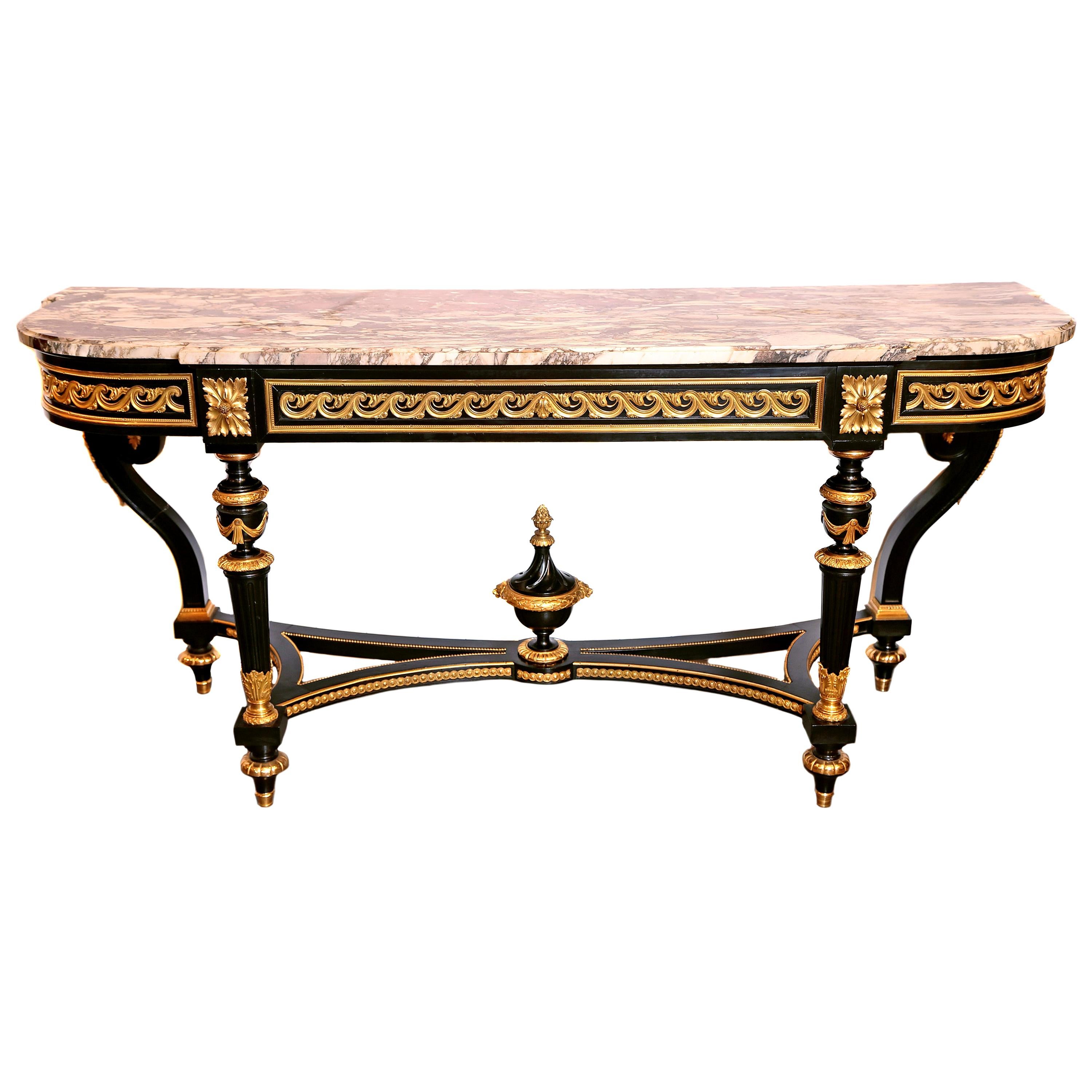 19th Century French Louis XVI Ebonized and Fine Gilt Bronze Marble-Top Console