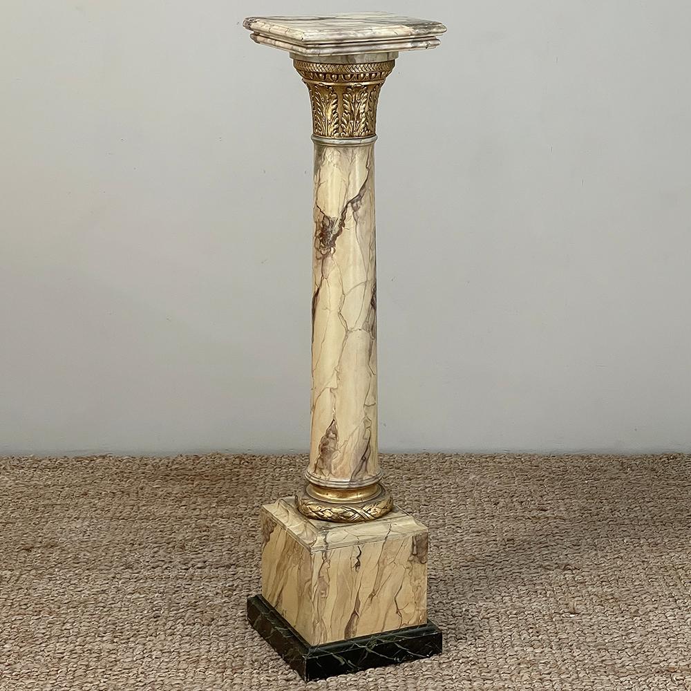 19th century French Louis XVI Faux marble pedestal is a gem of the classical style! Designed in a style that has existed for over 3,000 years! Solid wood painted to look exactly like richly veined marble comprises the pediment base, the subtly