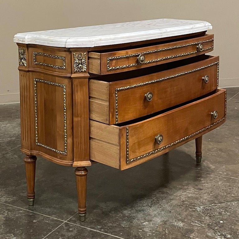 Brass 19th Century French Louis XVI Fruitwood Marble Top Commode For Sale