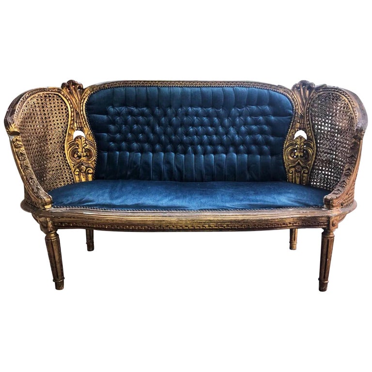 19th Century French Louis XVI Gilded Cane Blue Settee or Canapé