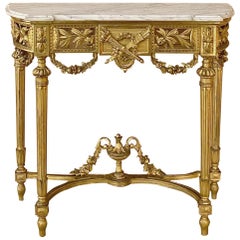 19th Century French Louis XVI Gilded Marble-Top Console