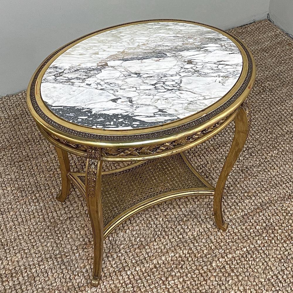 Hand-Carved 19th Century French Louis XVI Gilded Marble Top End Table For Sale
