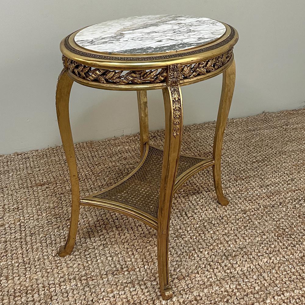 Cane 19th Century French Louis XVI Gilded Marble Top End Table For Sale