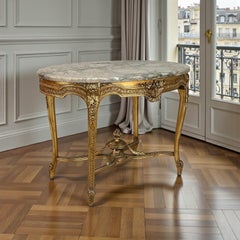 19th Century French Louis XVI Gilded Marble Top Oval Center Table