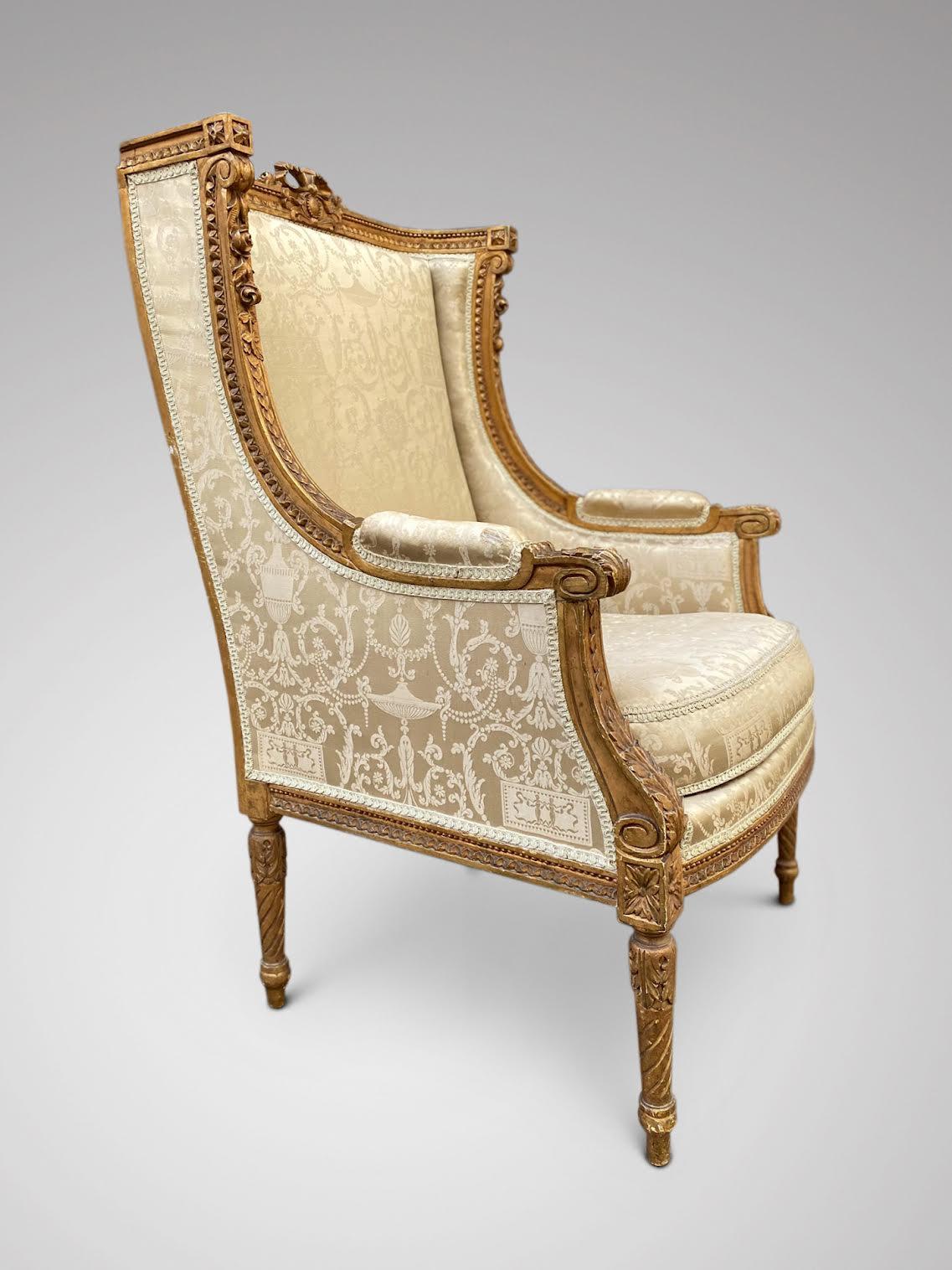 Carved 19th Century French Louis XVI Gilded Wood Wingback Bergère