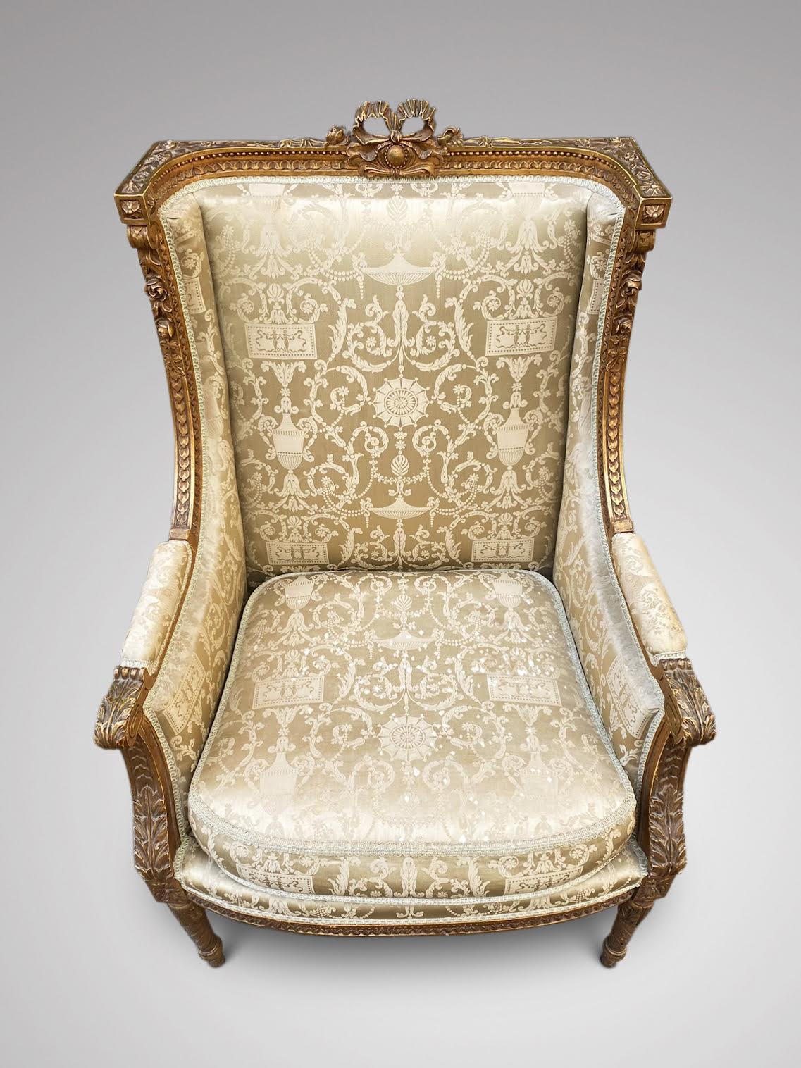 19th Century French Louis XVI Gilded Wood Wingback Bergère In Fair Condition In Petworth,West Sussex, GB