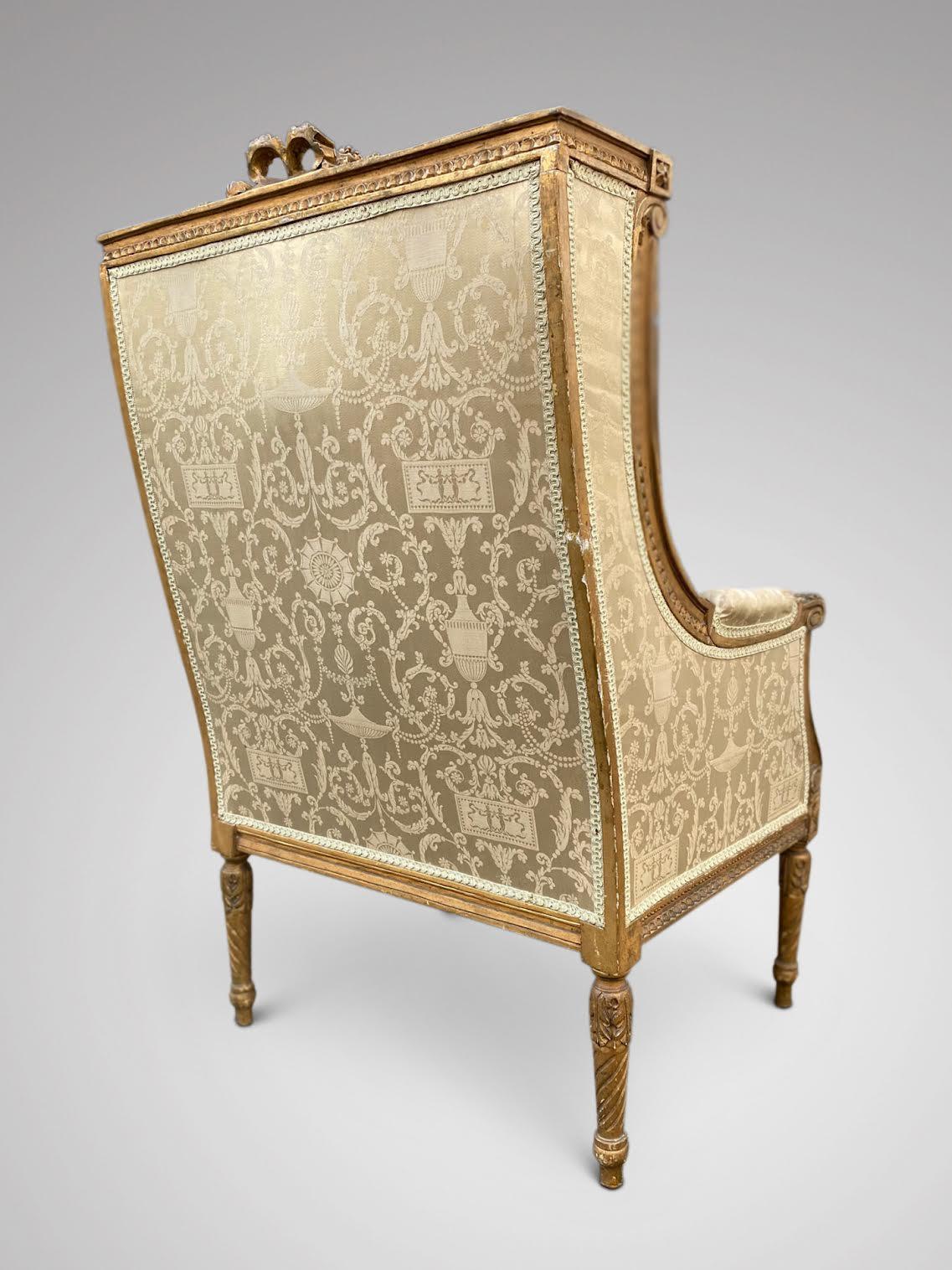 Silk 19th Century French Louis XVI Gilded Wood Wingback Bergère