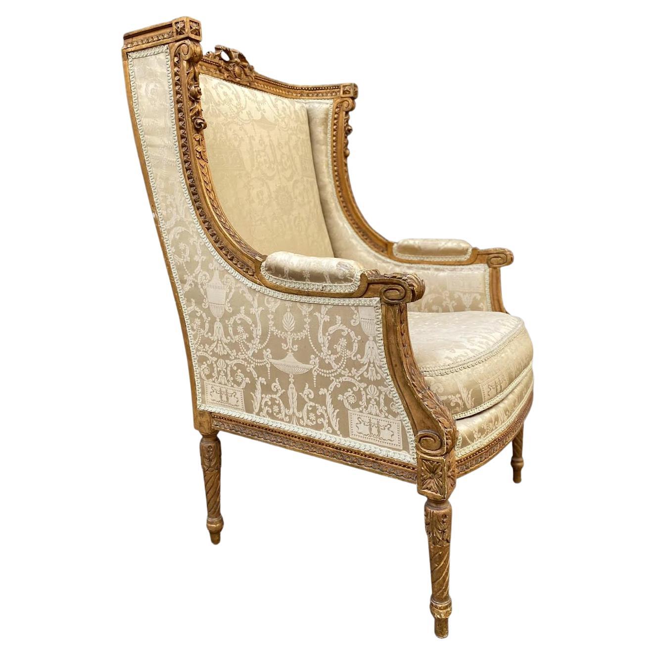 19th Century French Louis XVI Gilded Wood Wingback Bergère