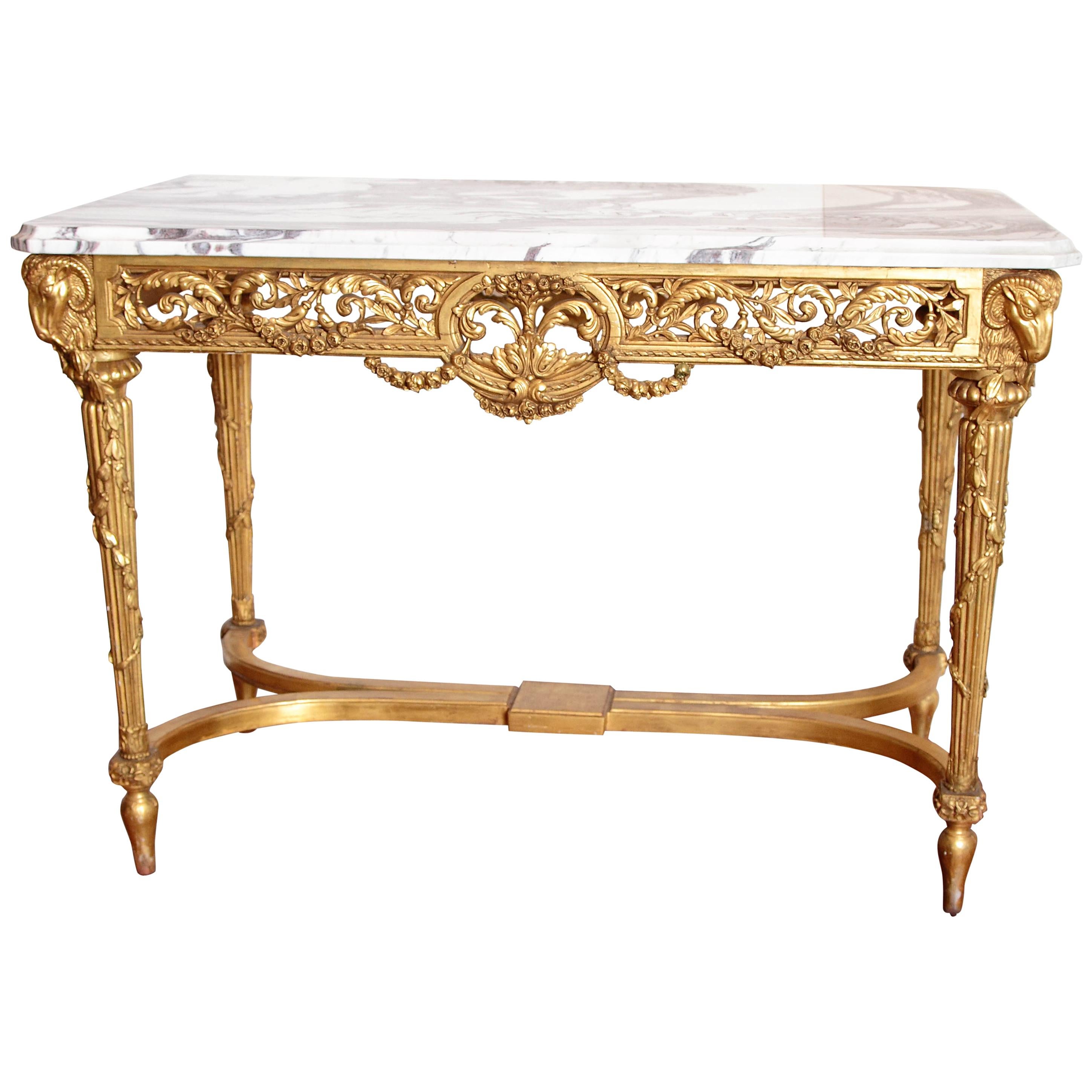 19th Century French Louis XVI Gilt Carved Salon Table