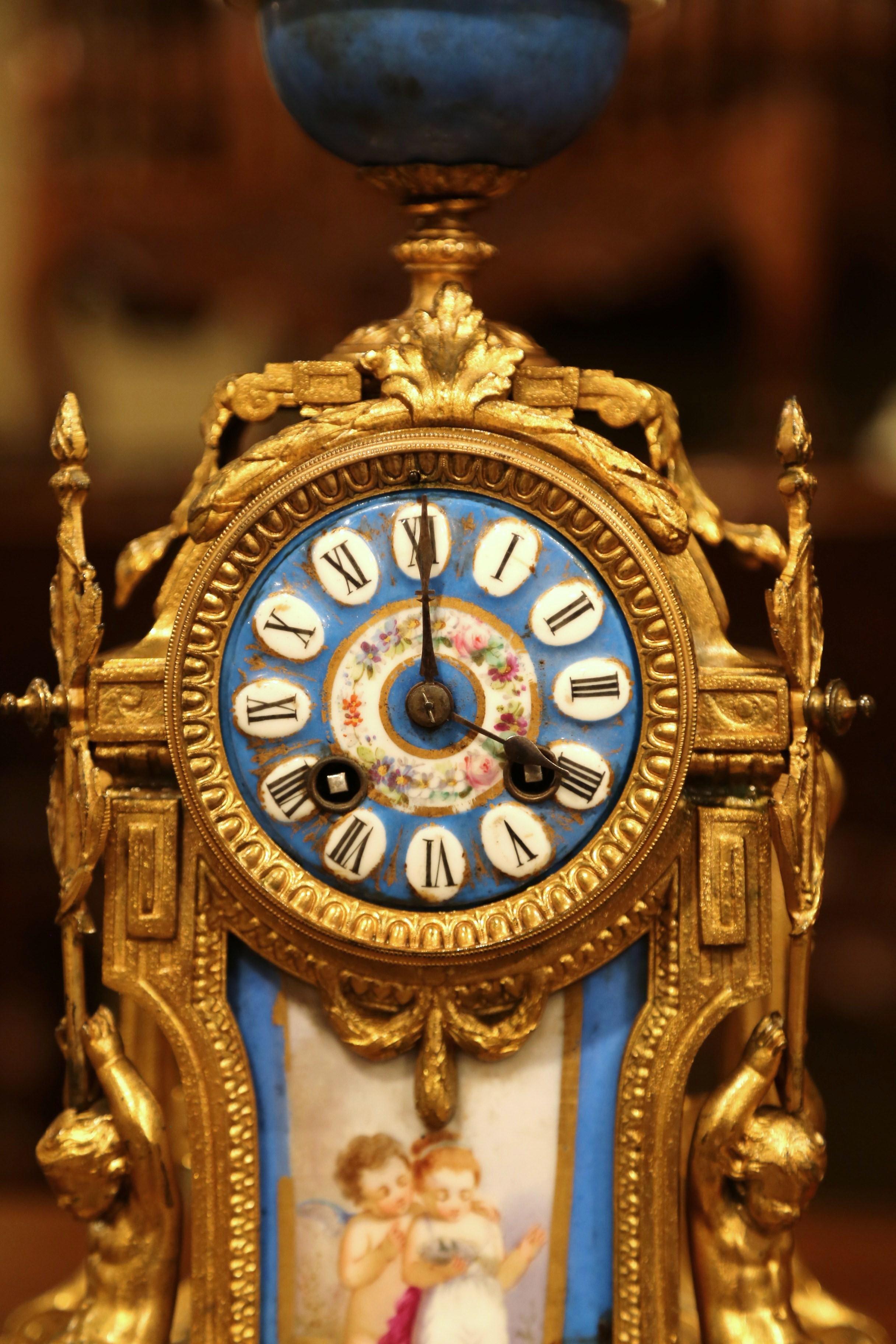 19th Century French Louis XVI Gilt Metal and Porcelain Mantel Clock In Excellent Condition In Dallas, TX