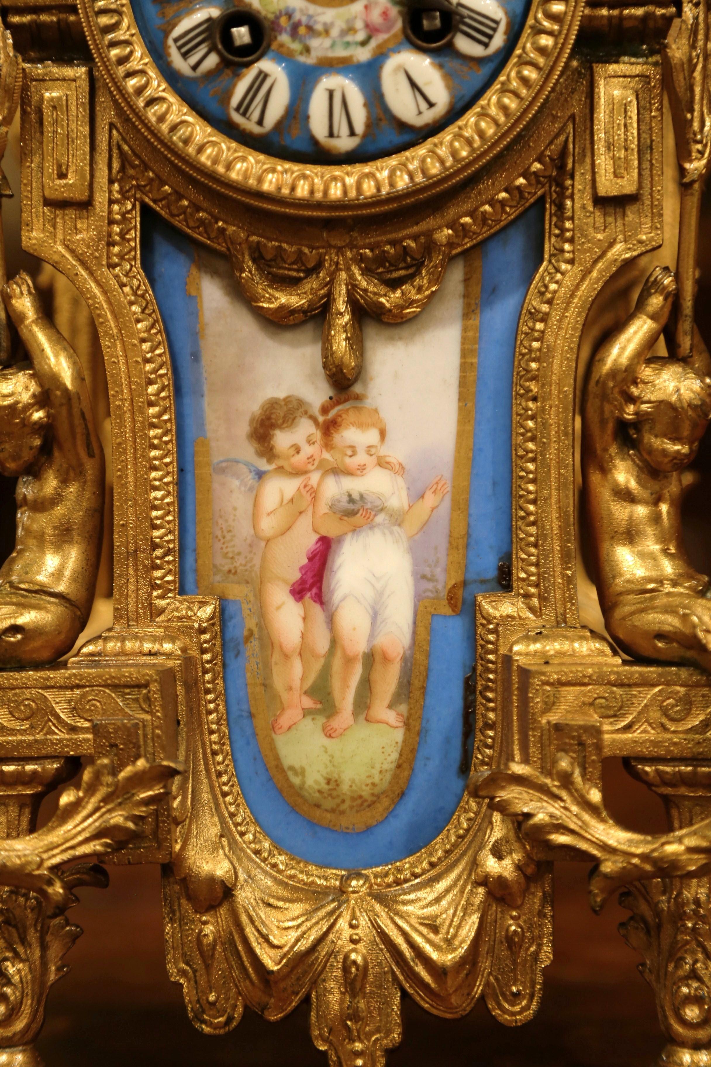 19th Century French Louis XVI Gilt Metal and Porcelain Mantel Clock 1