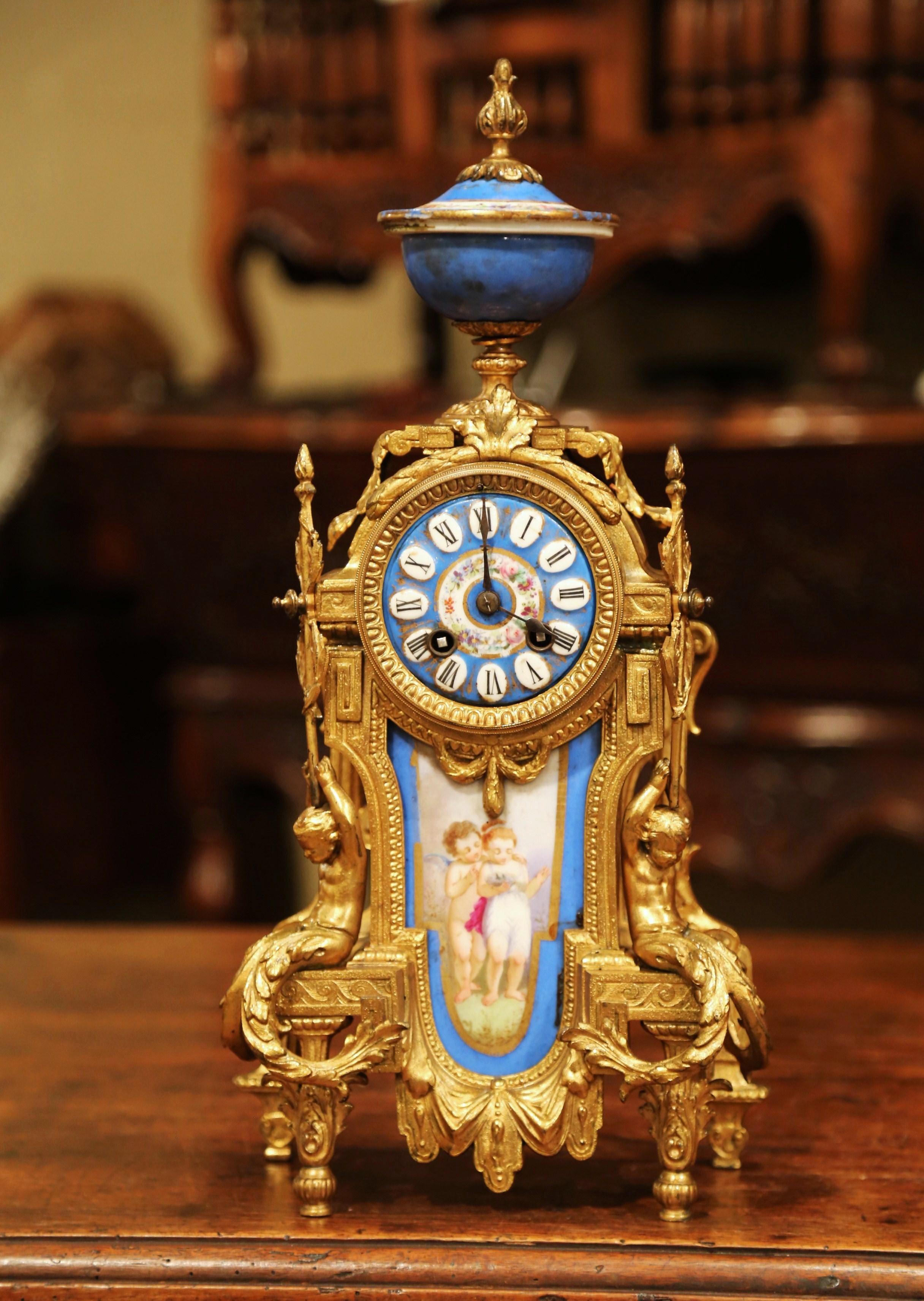 19th Century French Louis XVI Gilt Metal and Porcelain Mantel Clock 2