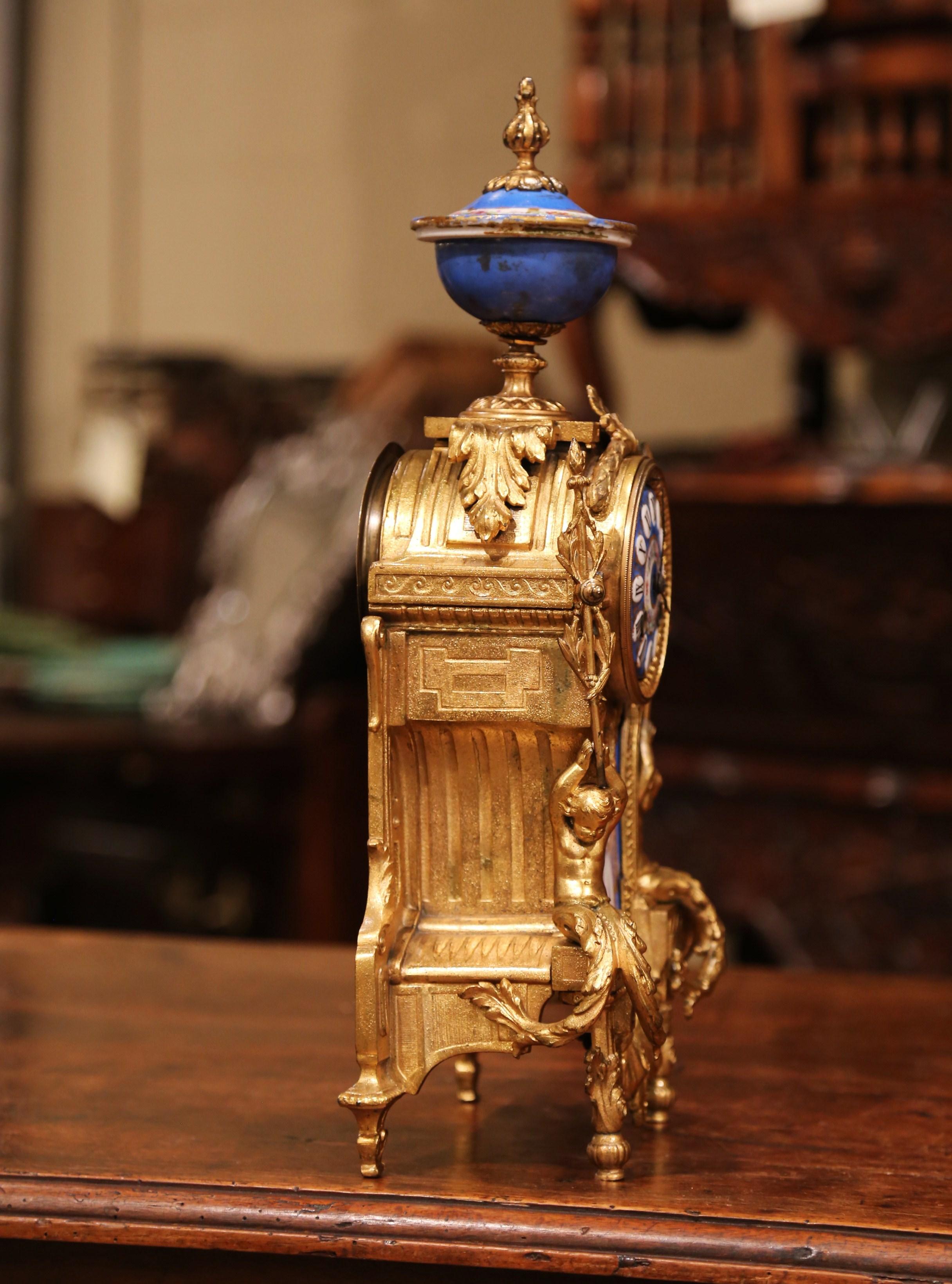 19th Century French Louis XVI Gilt Metal and Porcelain Mantel Clock 3
