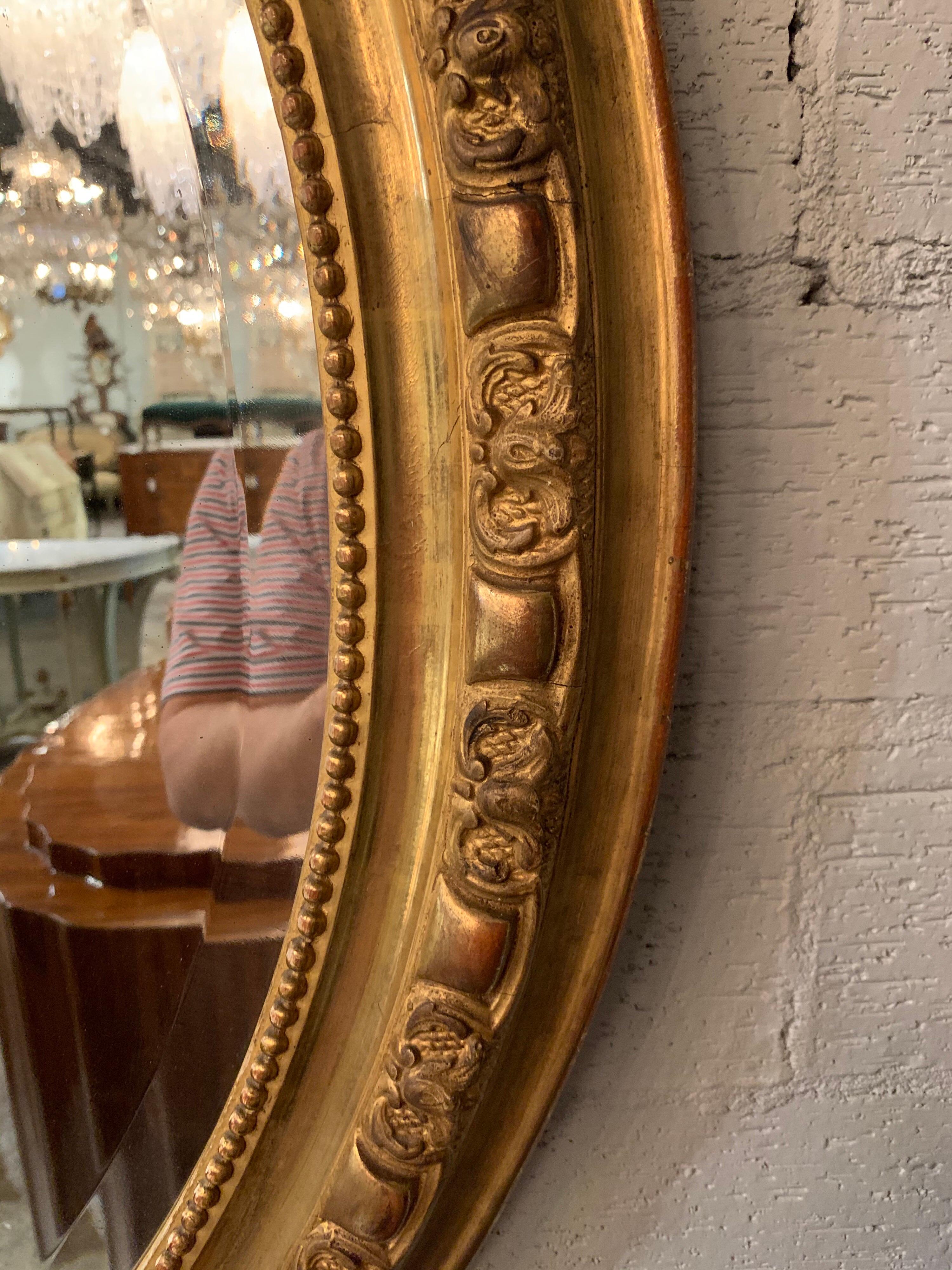 19th Century French Louis XVI Giltwood and Gesso Oval Mirror For Sale 1