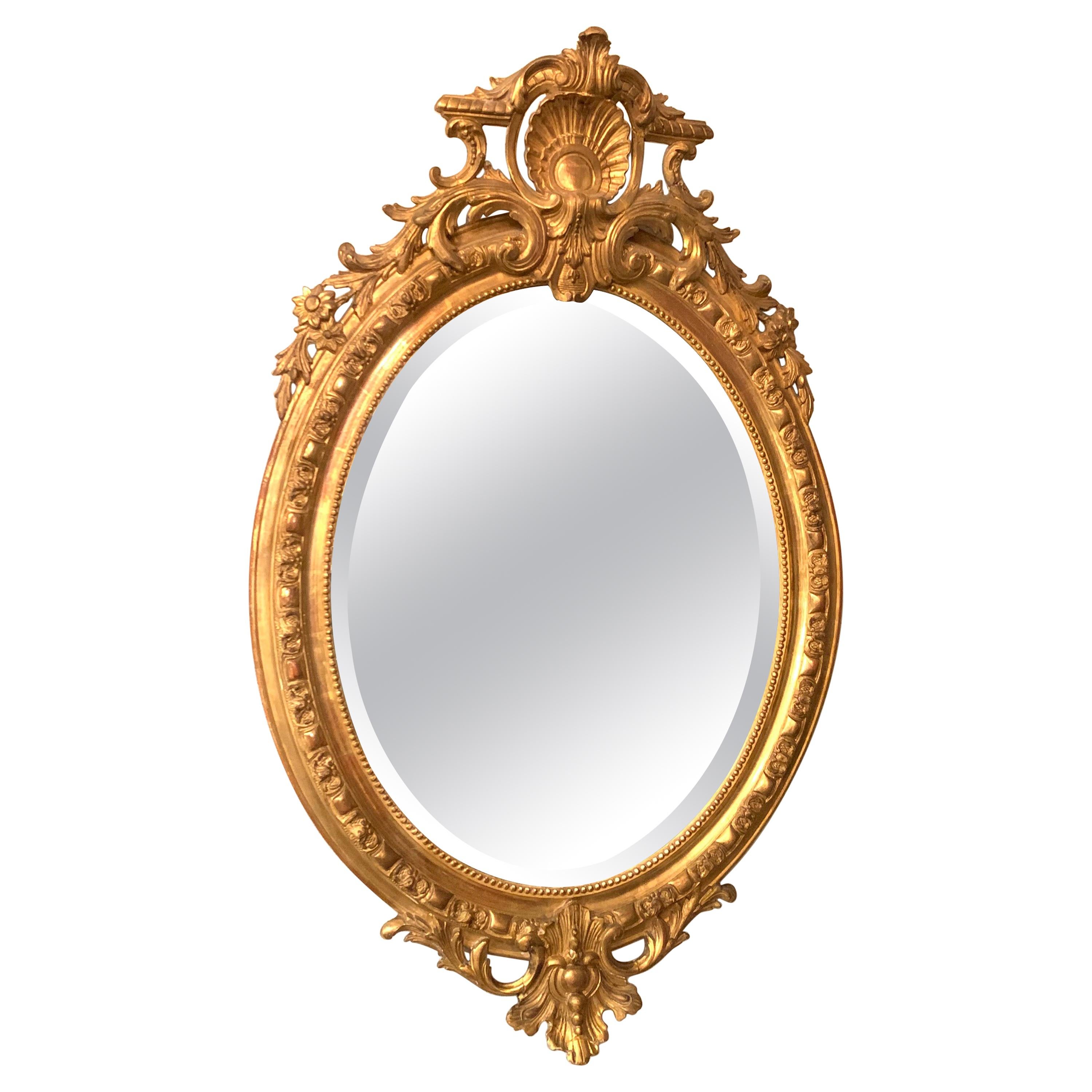 19th Century French Louis XVI Giltwood and Gesso Oval Mirror For Sale