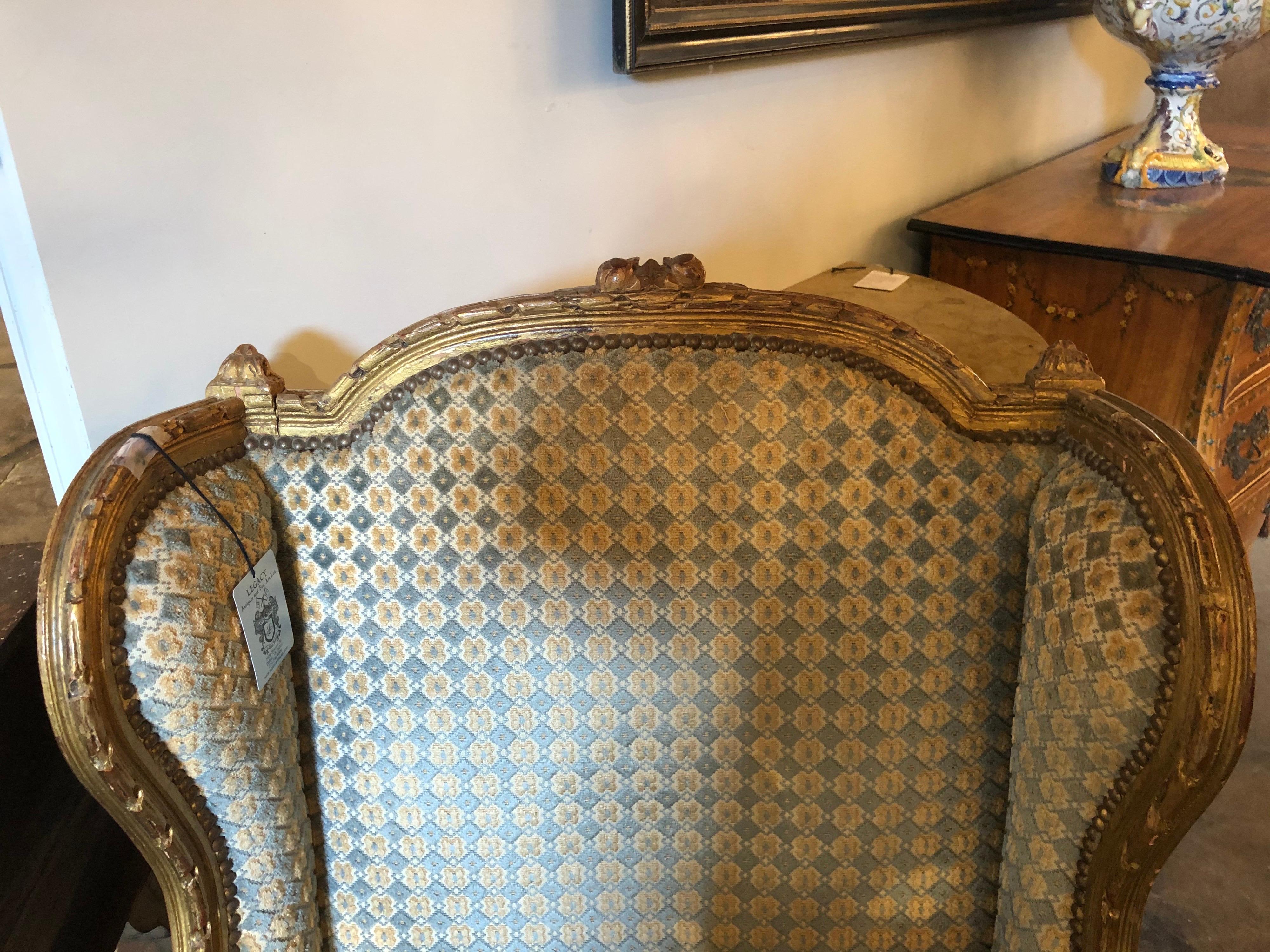19th Century French Louis XVI Giltwood Bergere In Good Condition In Dallas, TX