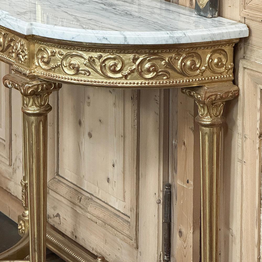 Console Demilune francese Luigi XVI del XIX secolo in legno dorato con piano in marmo di Carrara in vendita 8