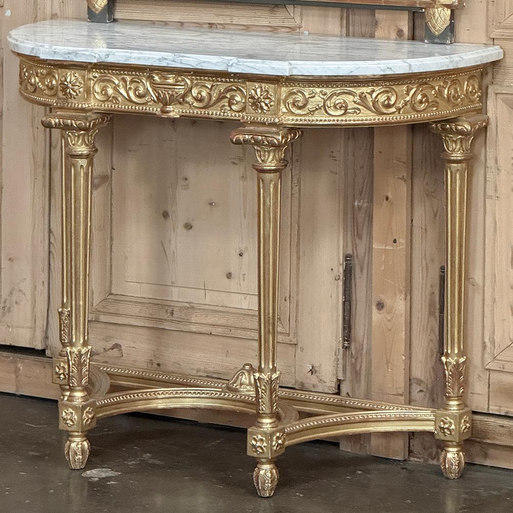Francese Console Demilune francese Luigi XVI del XIX secolo in legno dorato con piano in marmo di Carrara in vendita