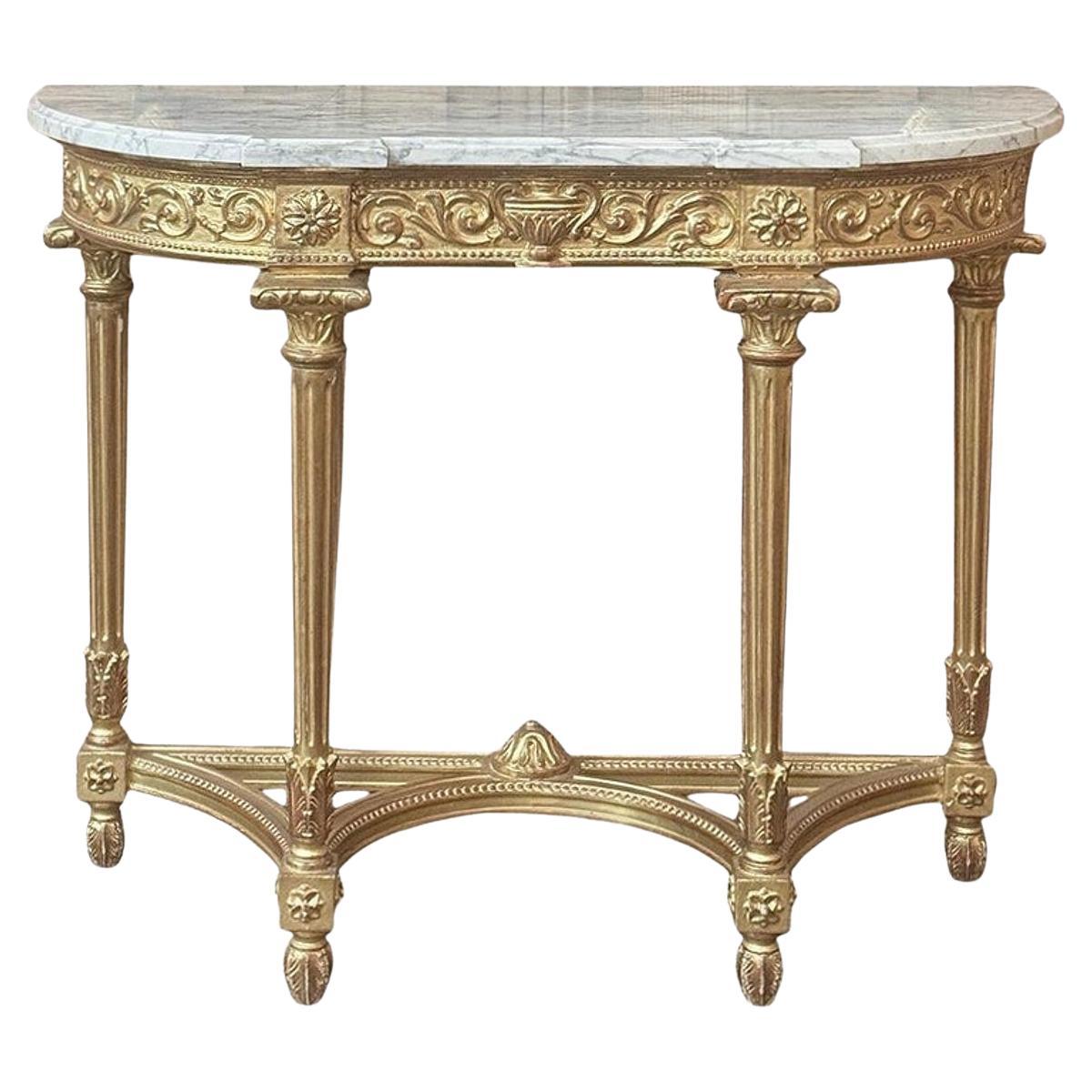 Console Demilune francese Luigi XVI del XIX secolo in legno dorato con piano in marmo di Carrara