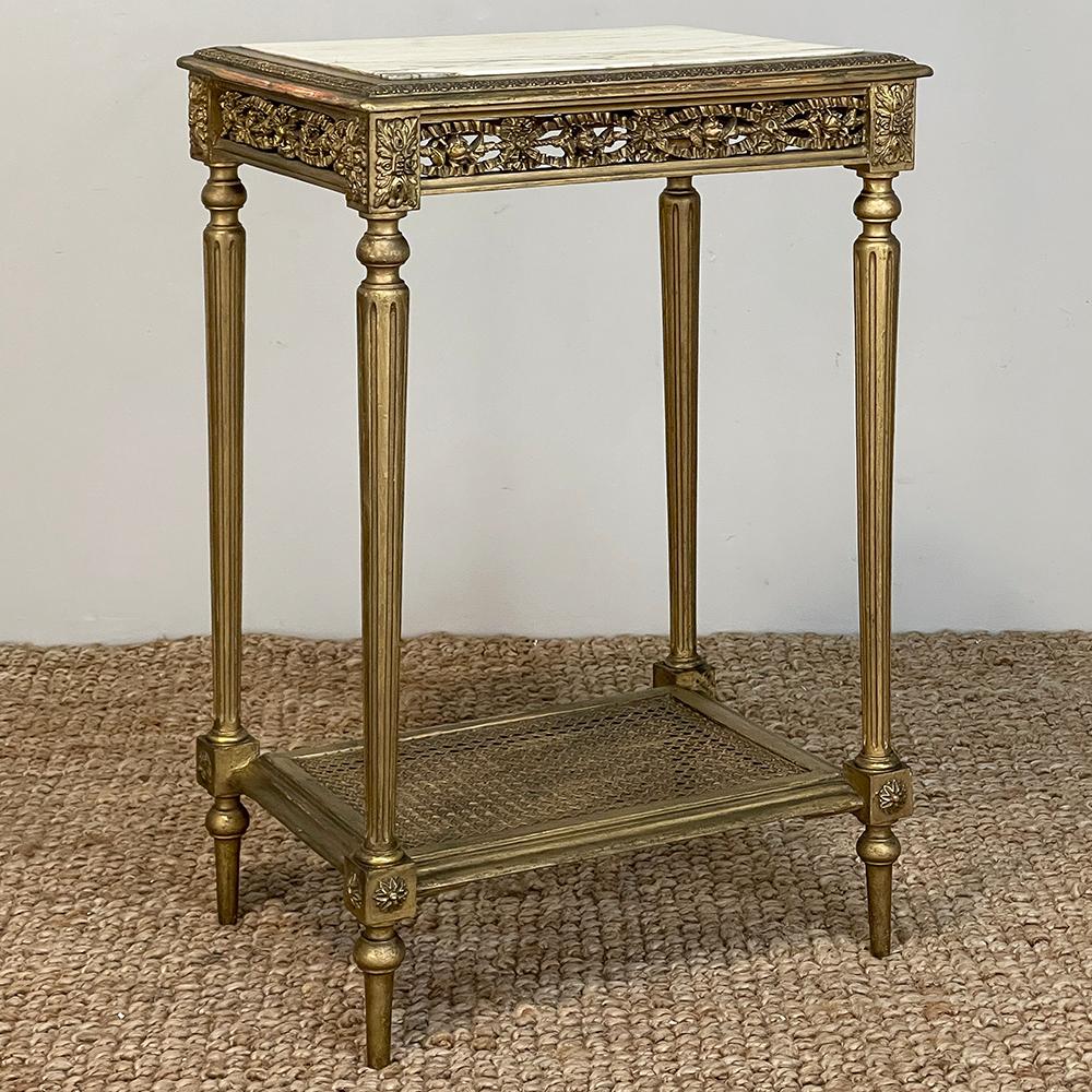 19th Century French Louis XVI Giltwood Marble Top Lamp Table ~ End Table is a great choice for a more formal decor, providing a carefree yet elegant surface of Carrara marble ideal for lamps, accessories, drinks, and more.  The marble is surrounded