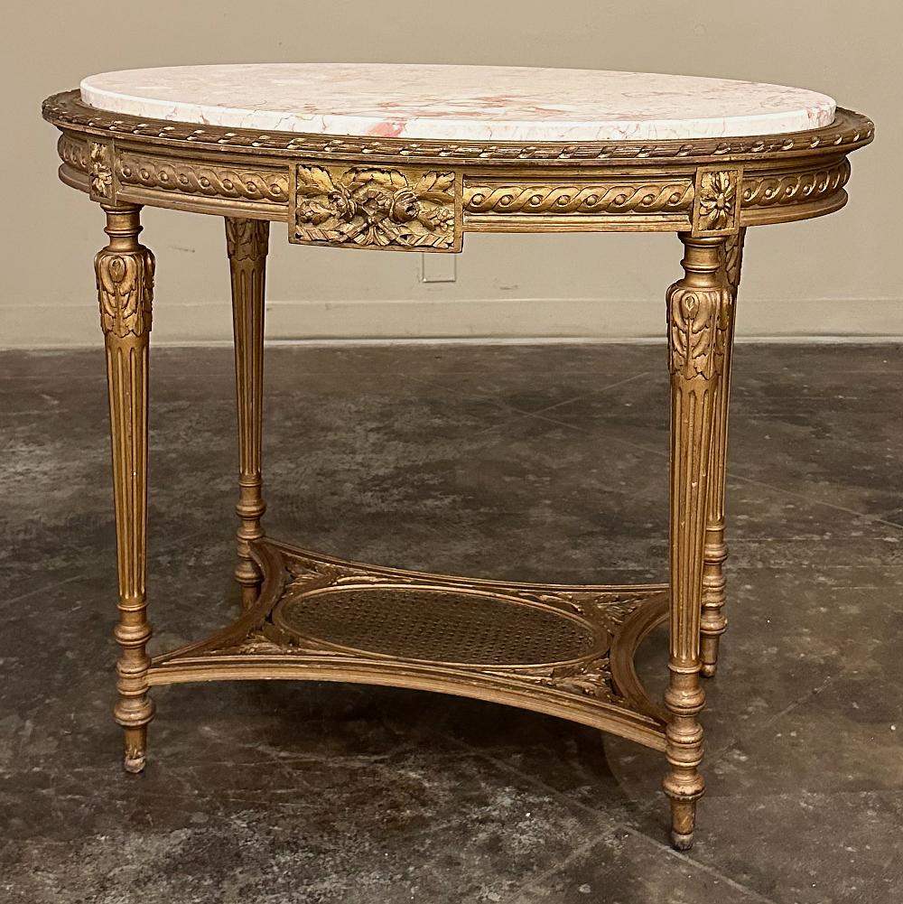 Hand-Carved 19th Century French Louis XVI Giltwood Marble Top Oval End Table For Sale