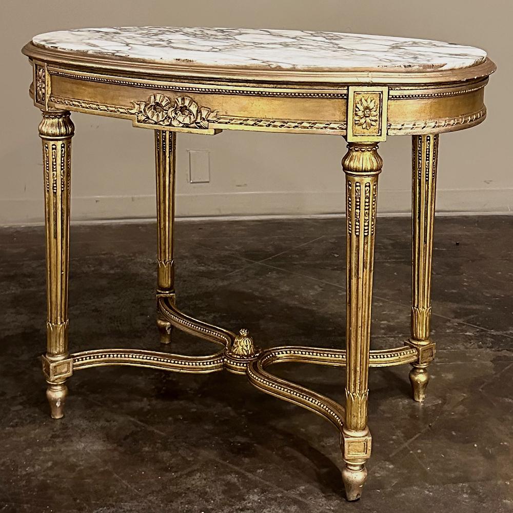 19. Jahrhundert Französisch Louis XVI Giltwood Marmorplatte Oval End Tabelle (Handgeschnitzt) im Angebot
