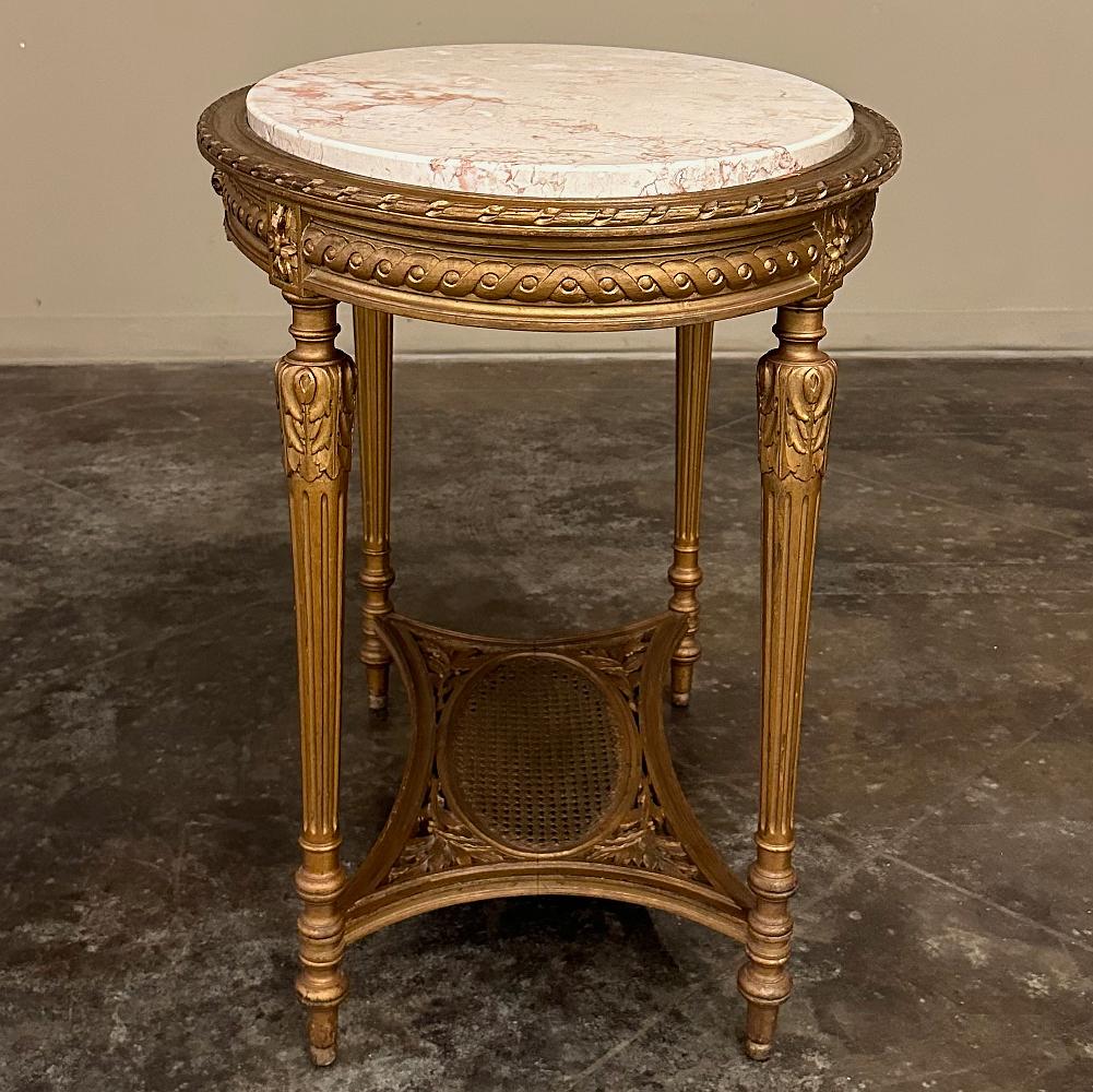 Cane 19th Century French Louis XVI Giltwood Marble Top Oval End Table For Sale
