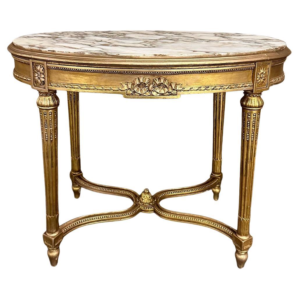 19th Century French Louis XVI Giltwood Marble Top Oval End Table For Sale