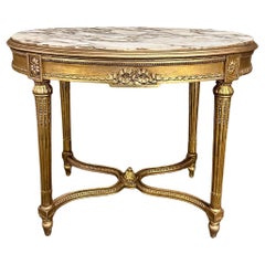 Antique 19th Century French Louis XVI Giltwood Marble Top Oval End Table