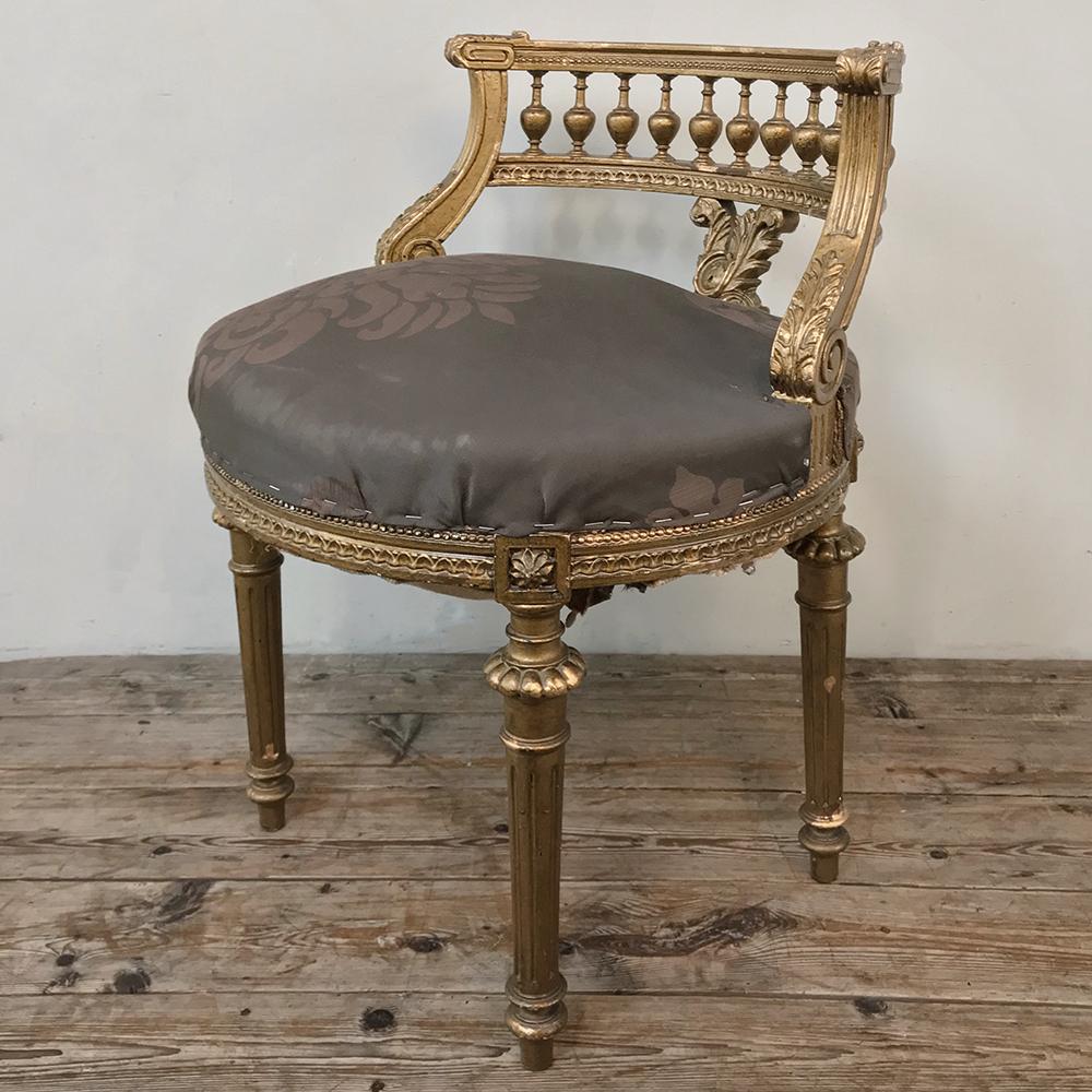 Hand-Carved 19th Century French Louis XVI Giltwood Vanity Chair