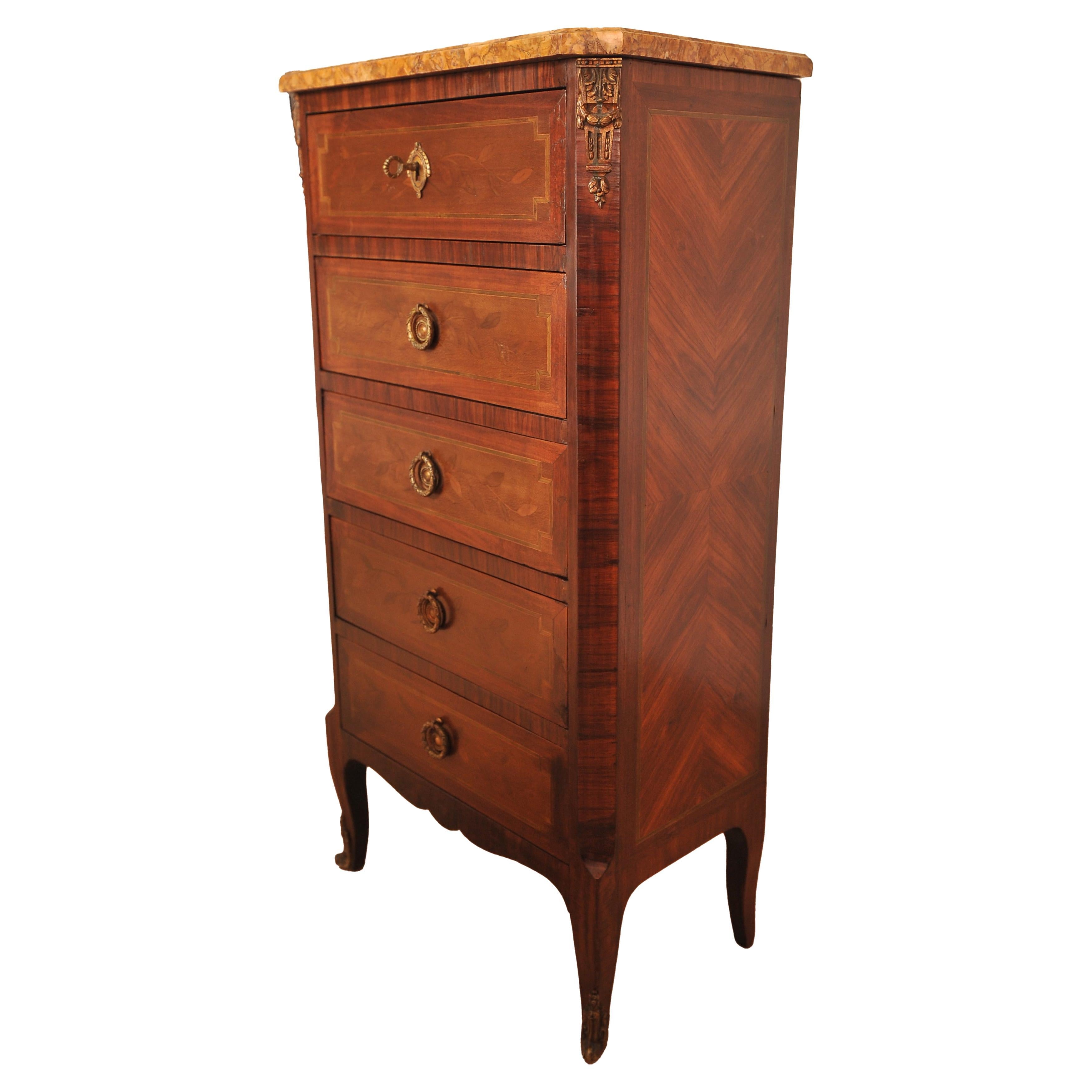 An Elegant 19th Century French Empire Louis XVI  Kingwood Marble Top Chest of Drawers, Cabinet. 5 Short Drawers Inlaid With Entwined Leaves, Brass Ring Handles And Ormolu Mounts.

Inside Drawers Height 10cm Width 40cm Depth 22.5cm
