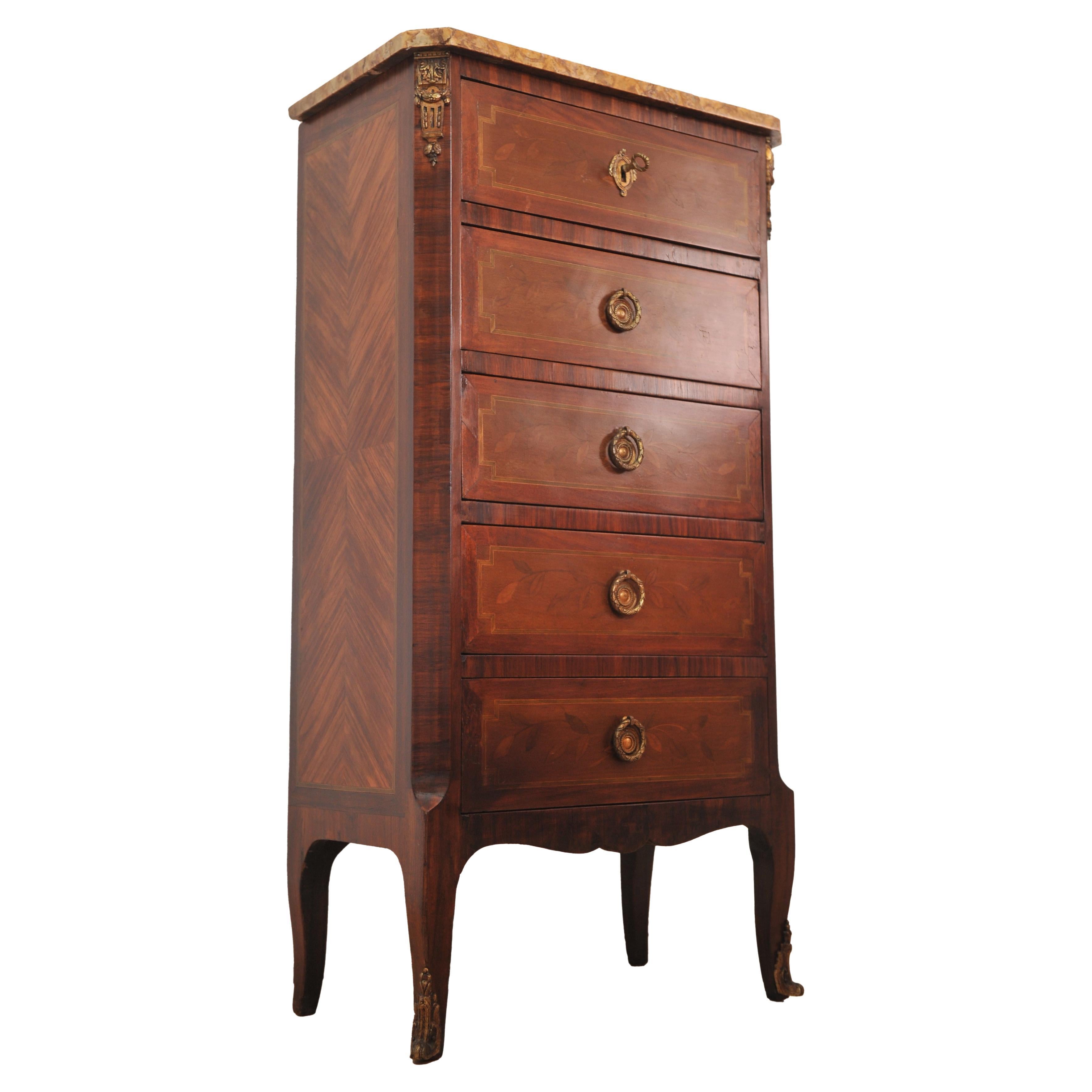 Marquetry 19th Century French, Louis XVI  Kingwood Marble Top Chest of Drawers, Cabinet For Sale