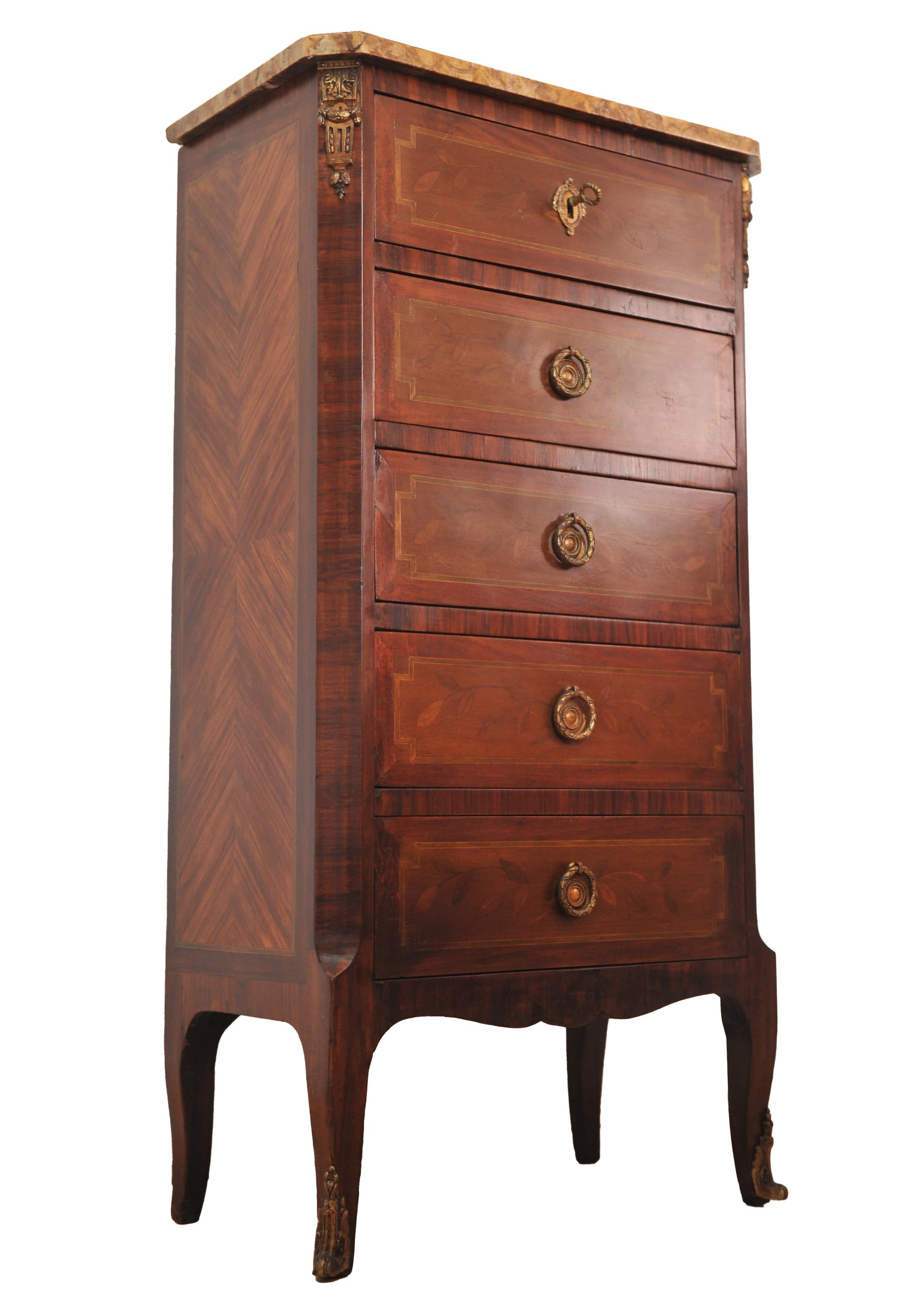 19th Century French, Louis XVI  Kingwood Marble Top Chest of Drawers, Cabinet For Sale 1