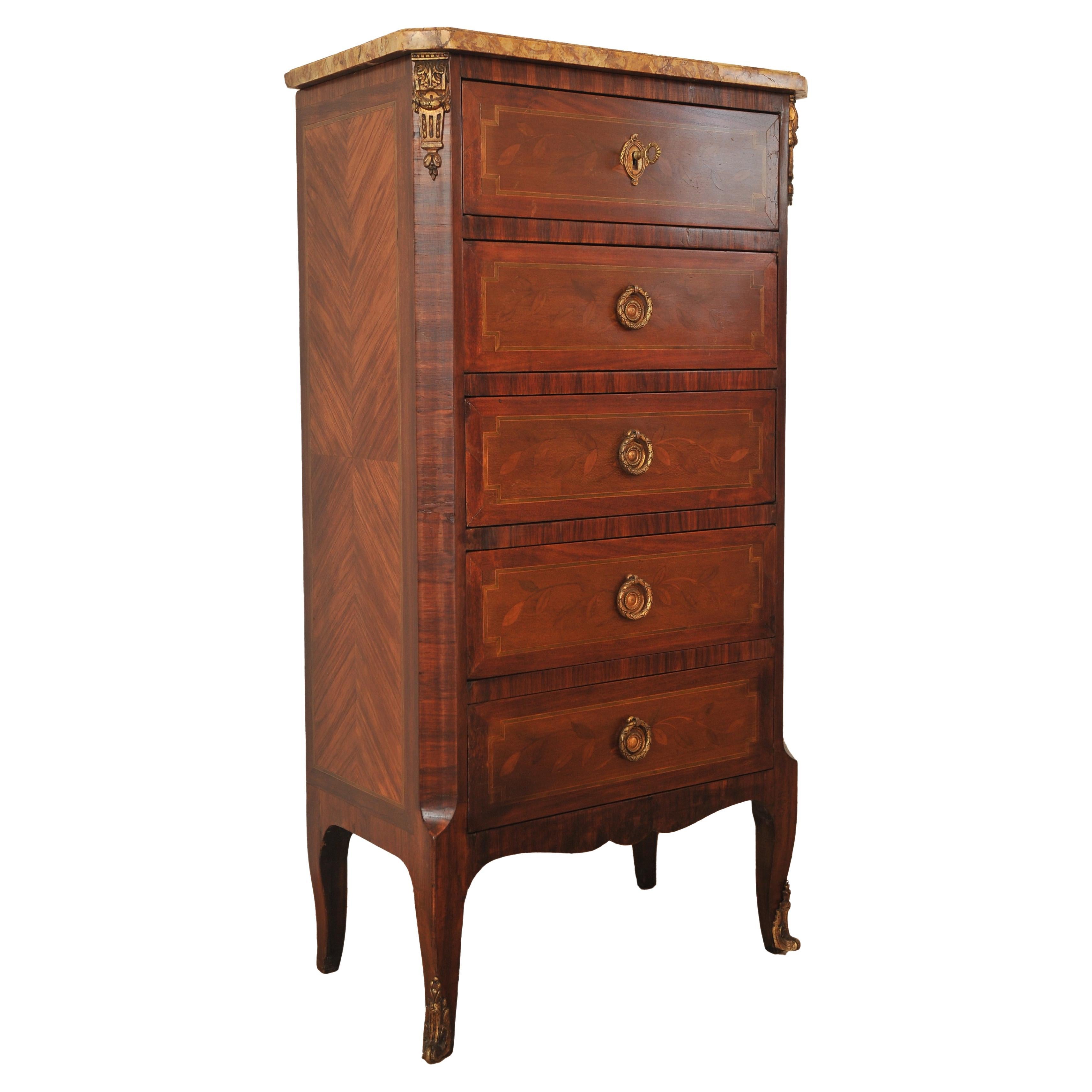 19th Century French, Louis XVI  Kingwood Marble Top Chest of Drawers, Cabinet