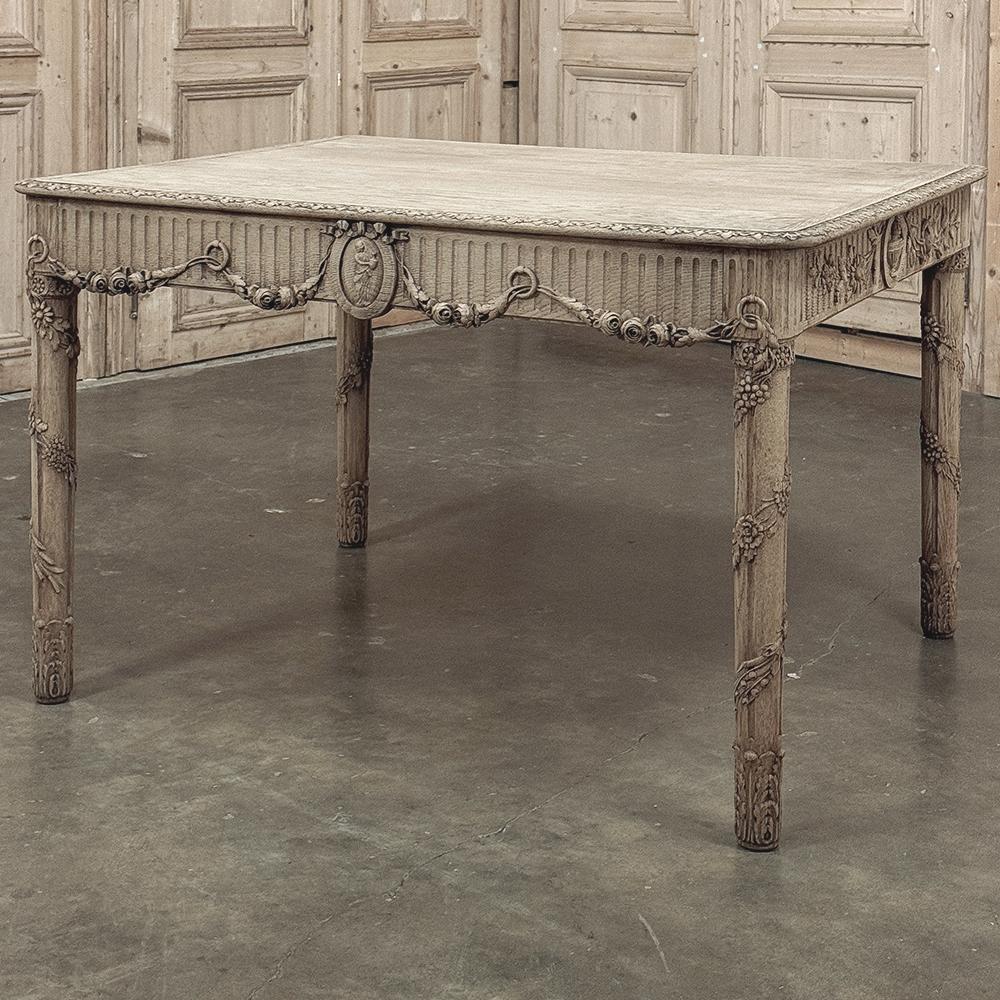 Hand-Carved 19th Century French Louis XVI Library Table in Stripped Oak For Sale