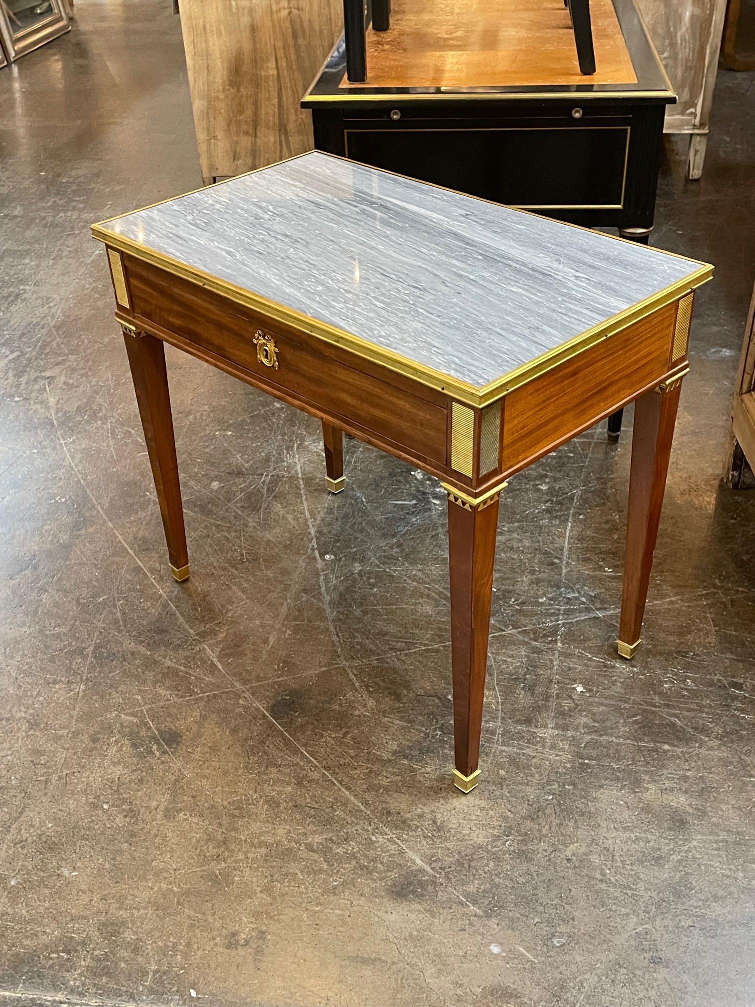19th Century French Louis XVI Mahogany and Brass Side Table with Inlaid Marble In Good Condition In Dallas, TX