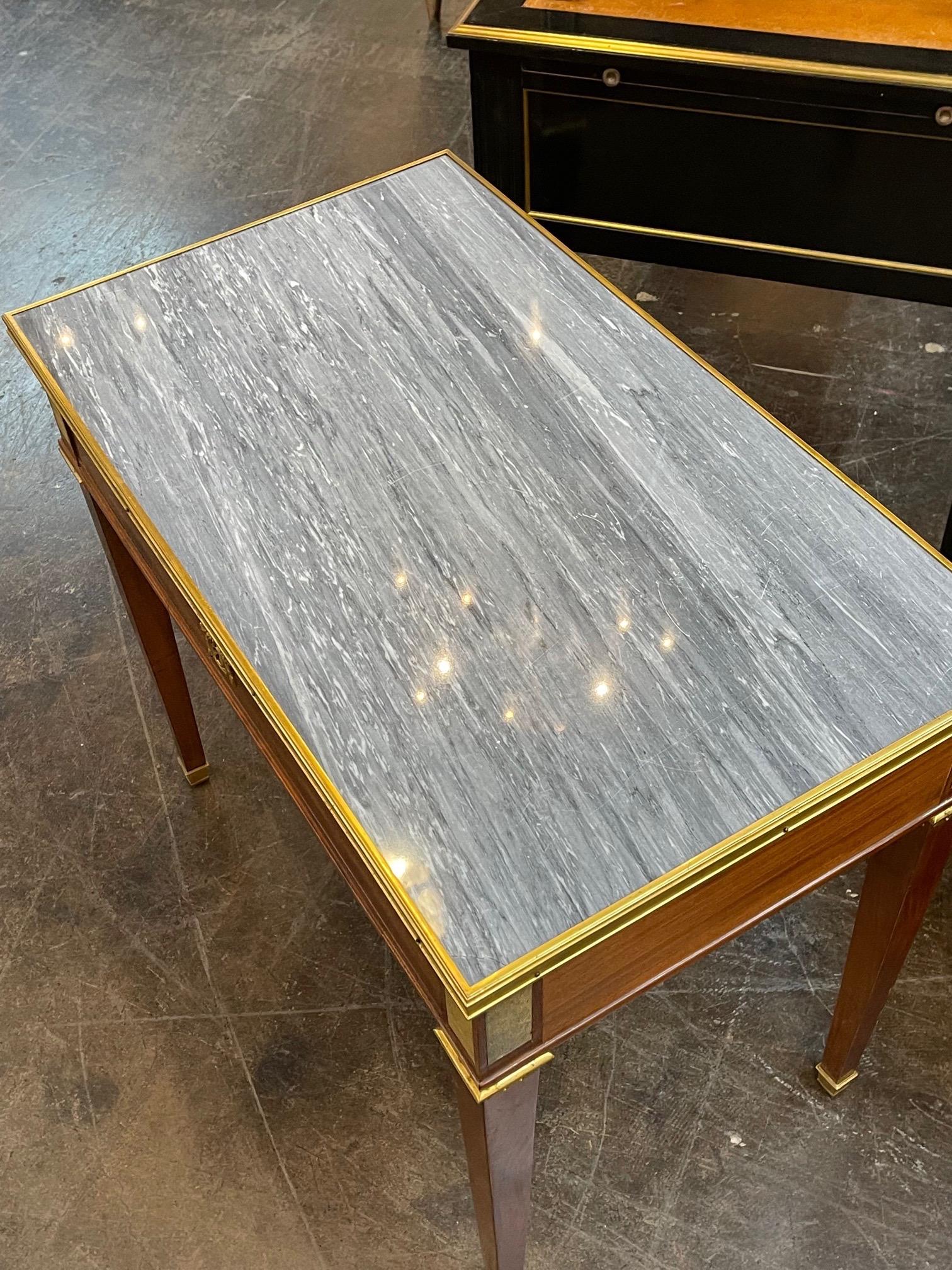 19th Century French Louis XVI Mahogany and Brass Side Table with Inlaid Marble 1