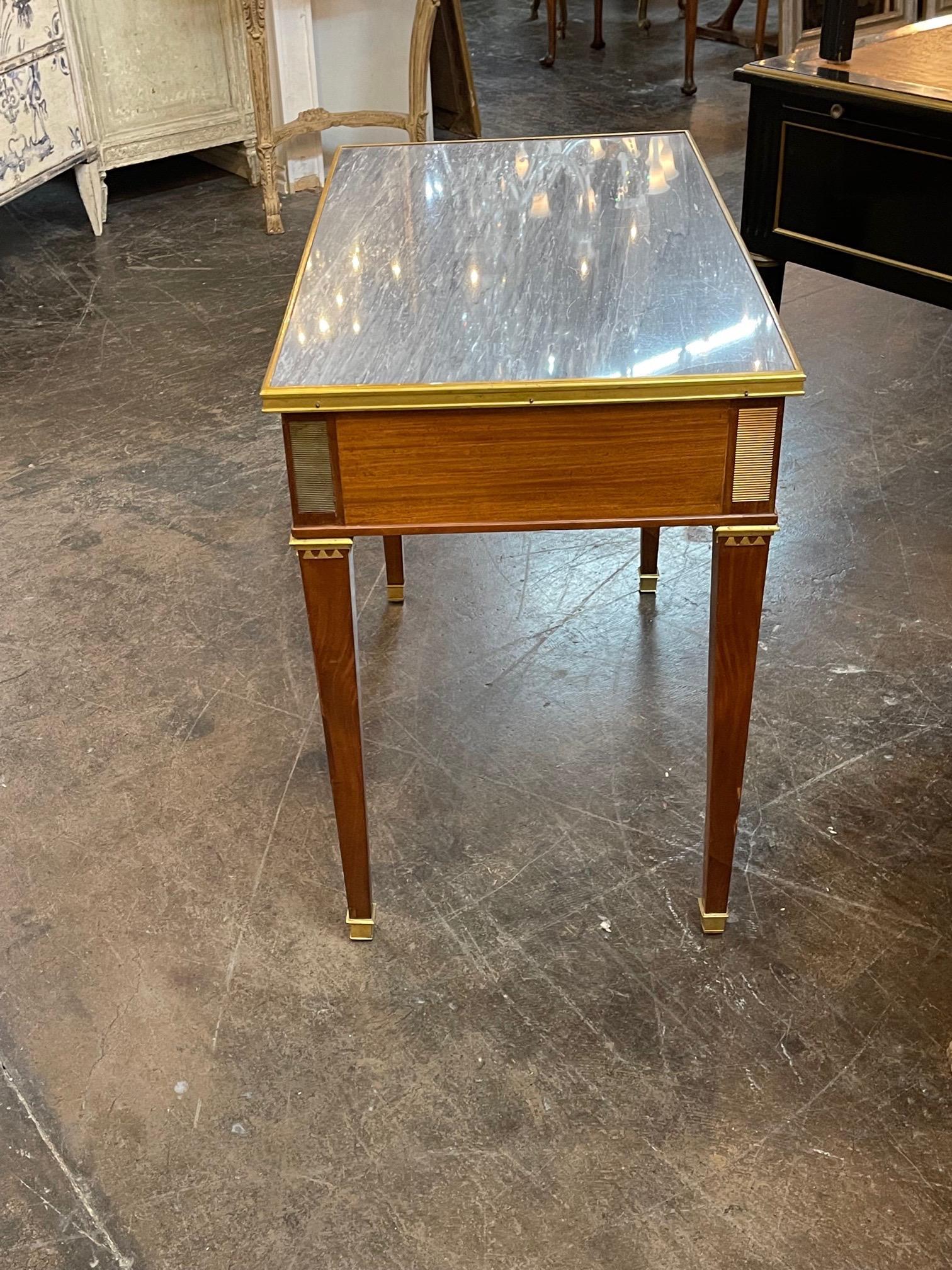 19th Century French Louis XVI Mahogany and Brass Side Table with Inlaid Marble 2