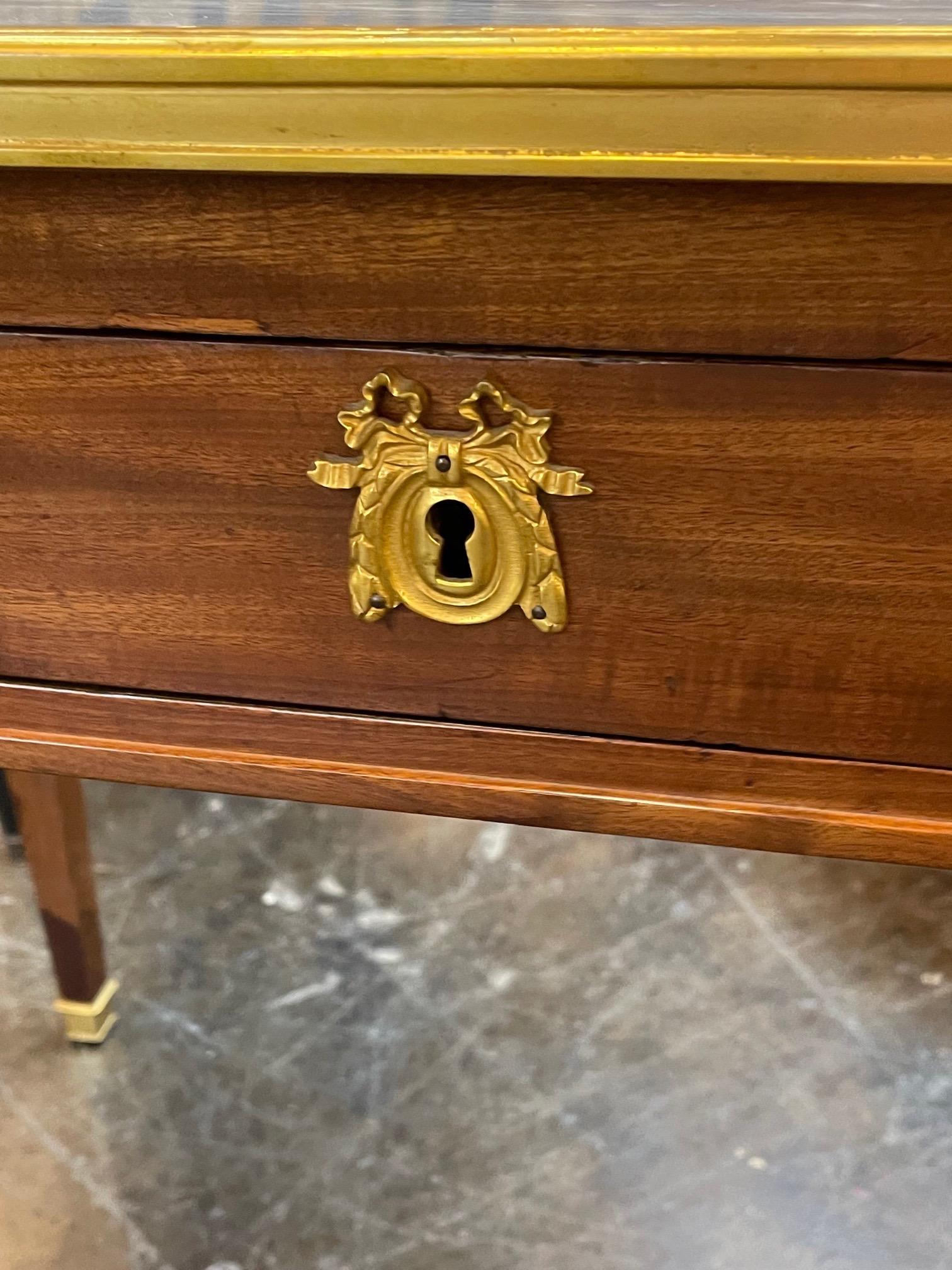 19th Century French Louis XVI Mahogany and Brass Side Table with Inlaid Marble 3