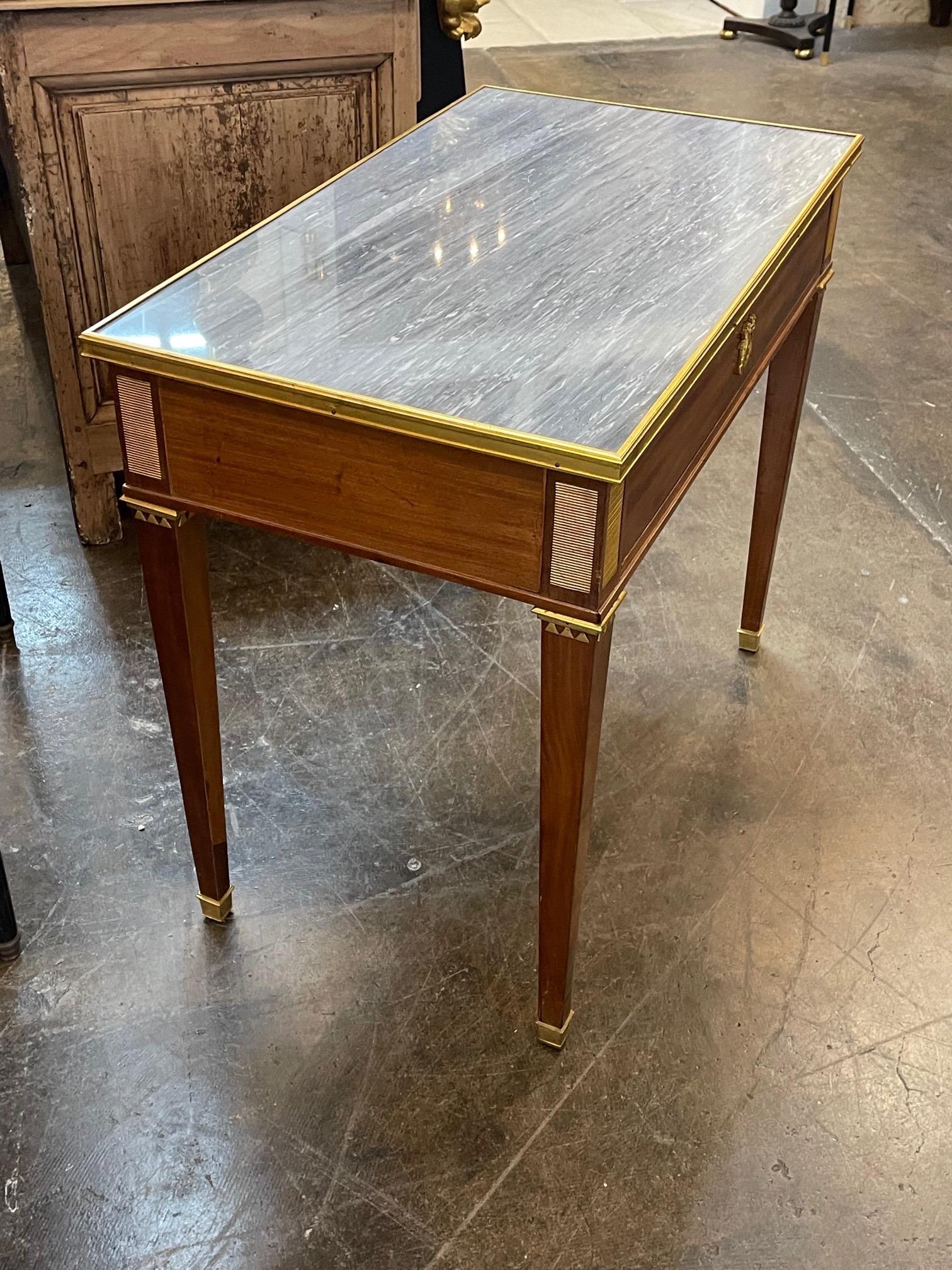 19th Century French Louis XVI Mahogany and Brass Side Table with Inlaid Marble 5