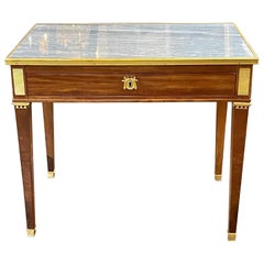 19th Century French Louis XVI Mahogany and Brass Side Table with Inlaid Marble