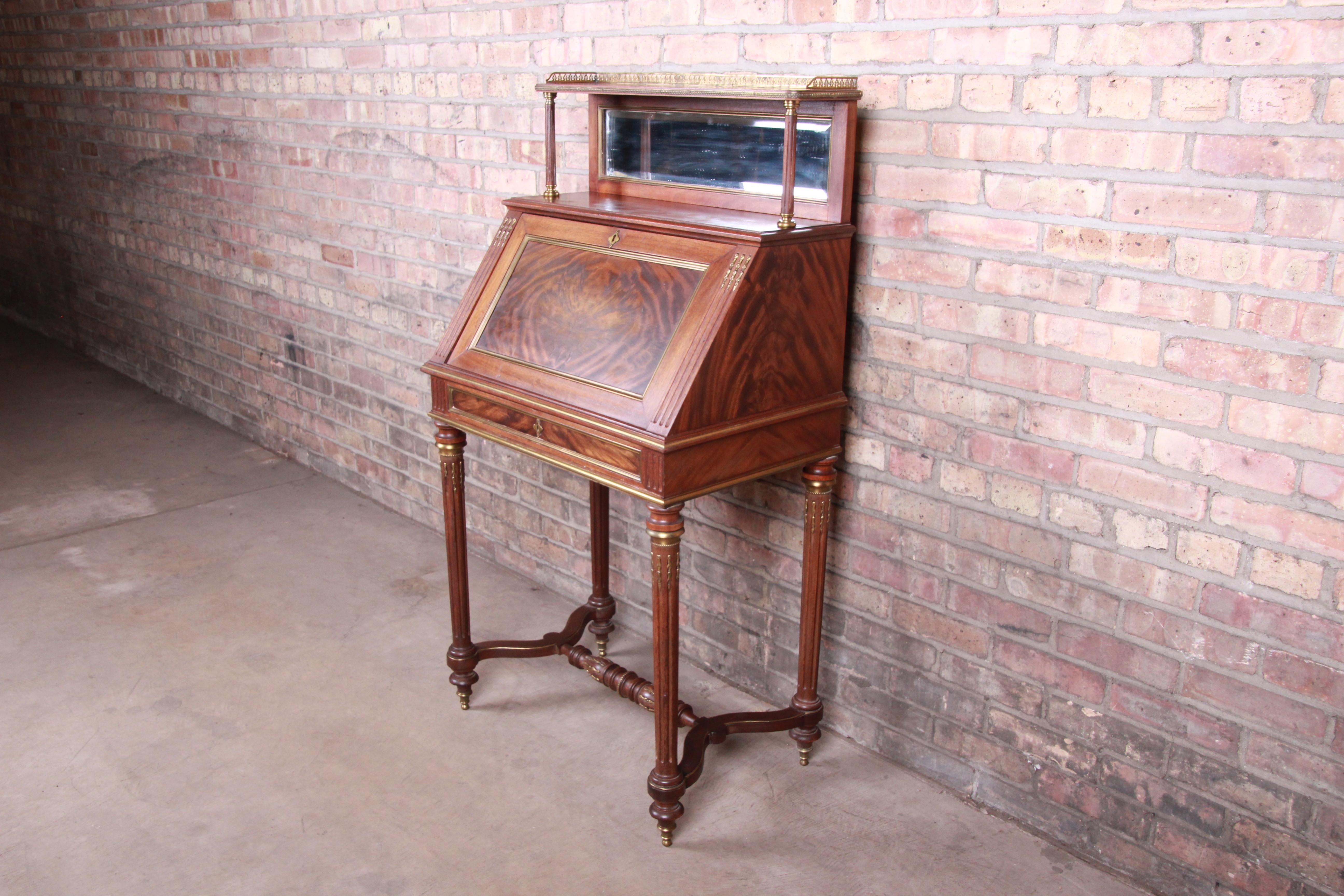 19th Century French Louis XVI Mahogany and Brass Slant Front Secretary Desk In Good Condition In South Bend, IN