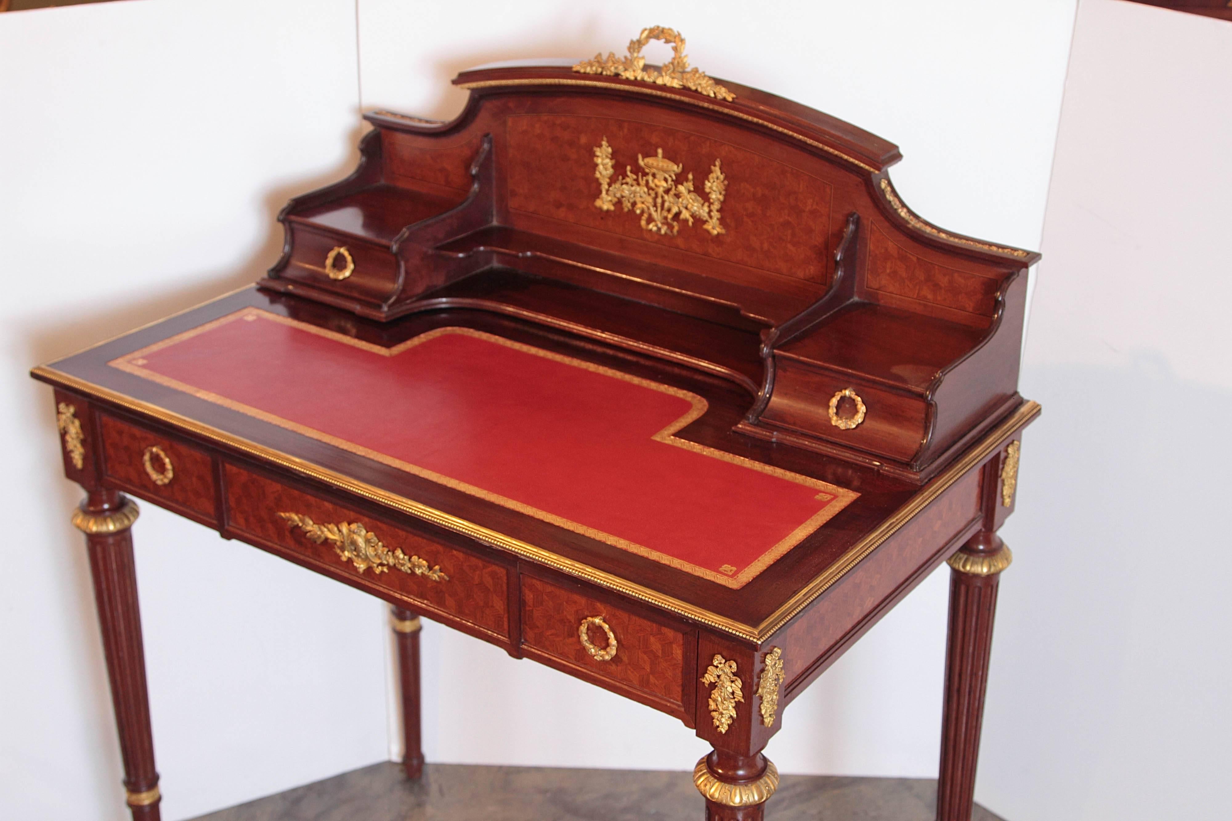19th Century French Louis XVI Mahogany and Gilt Bronze Writing Desk by F. Linke In Excellent Condition In Dallas, TX