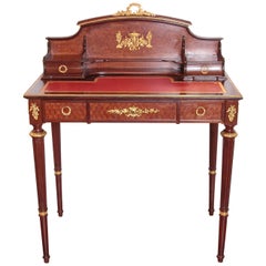 19th Century French Louis XVI Mahogany and Gilt Bronze Writing Desk by F. Linke