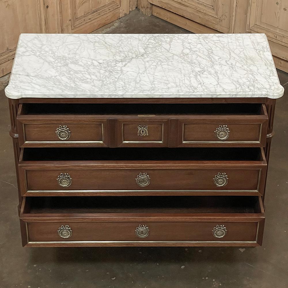 Brass 19th Century French Louis XVI Mahogany Commode with Carrara Marble Top For Sale