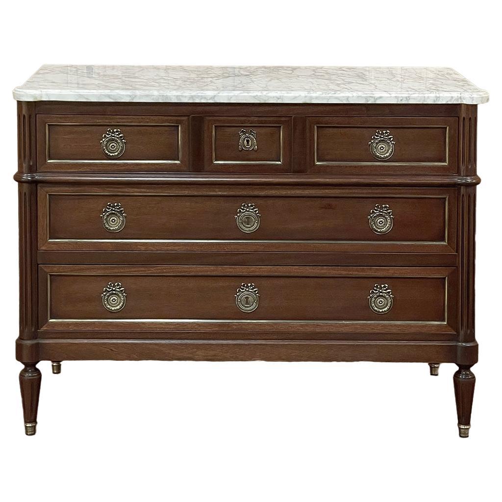 19th Century French Louis XVI Mahogany Commode with Carrara Marble Top For Sale