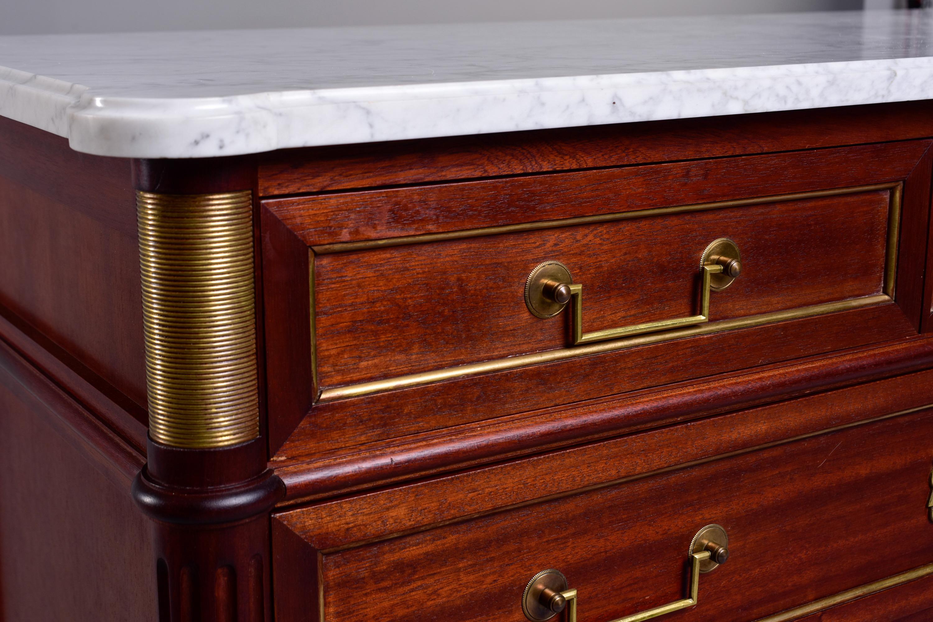Brass 19th Century French Louis XVI Mahogany Four Drawer Commode with Marble Top