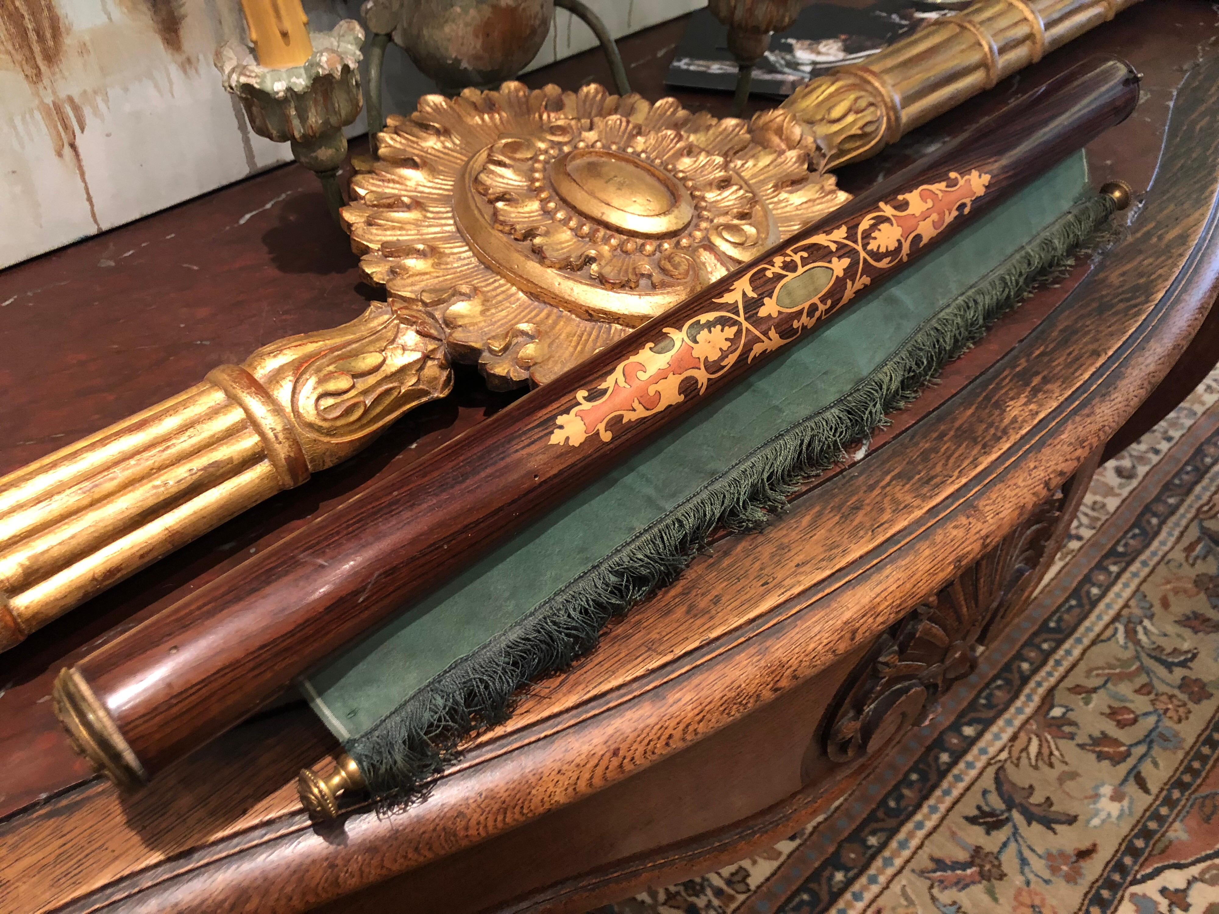 19th Century French Louis XVI Mahogany Inlaid Silk Scroll Screen with Crank For Sale 6