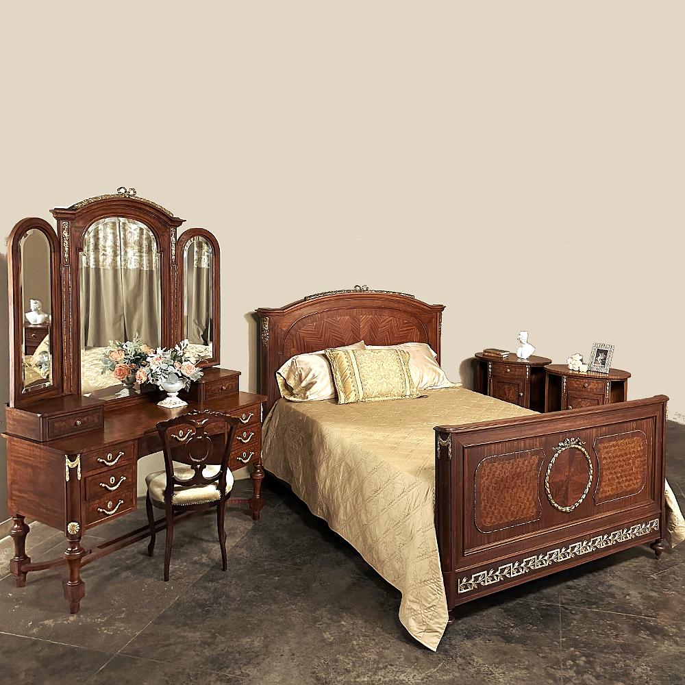 19th Century French Louis XVI Mahogany Marquetry Vanity will make the perfect finishing touch for your bedroom!  Crafted from exotic imported mahogany, the surfaces and facade are finished in a marquetry pattern for visual interest serving as the